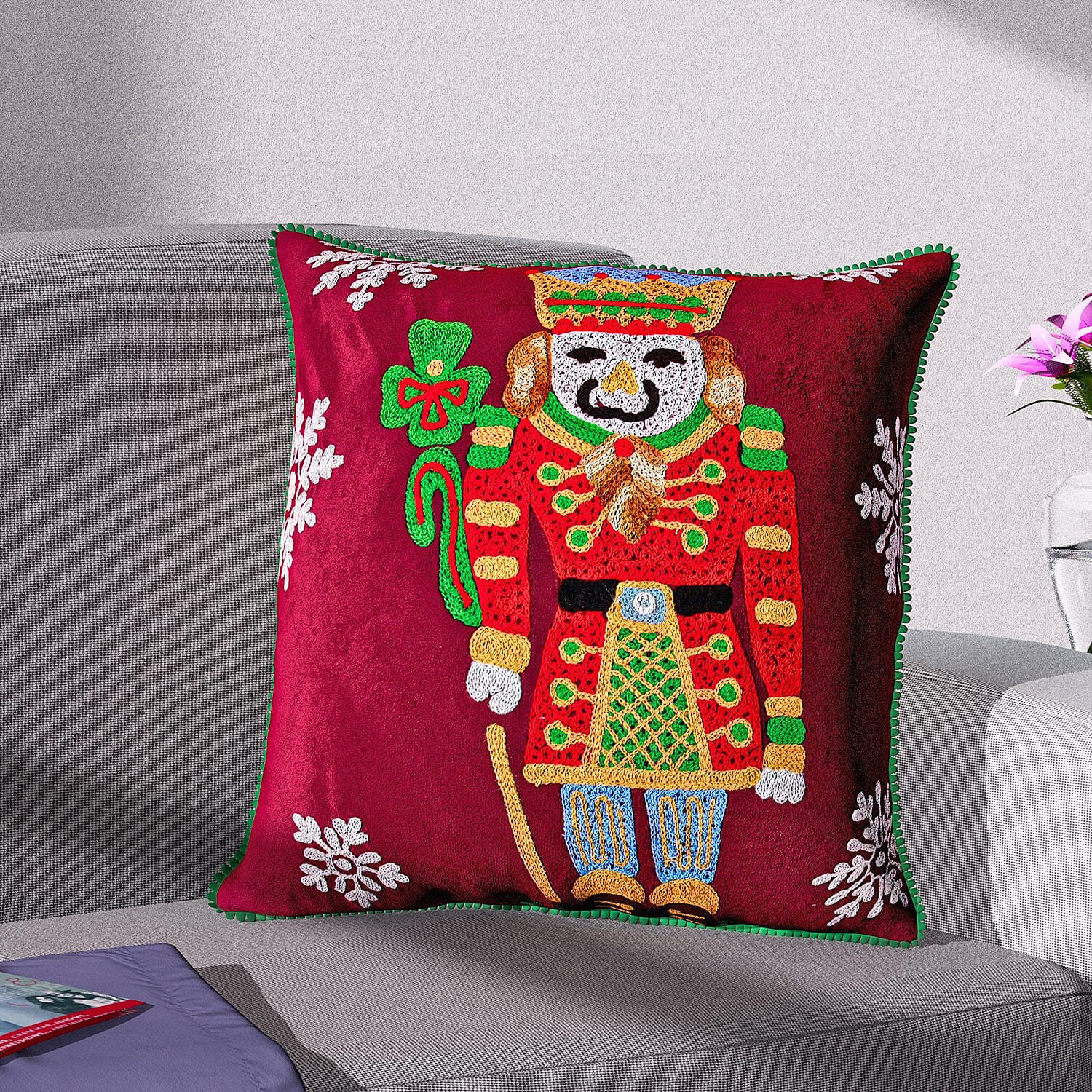Cotton Christmas King Size Embroidered Cushion Cover (Size 45 Cm) - Red Wine