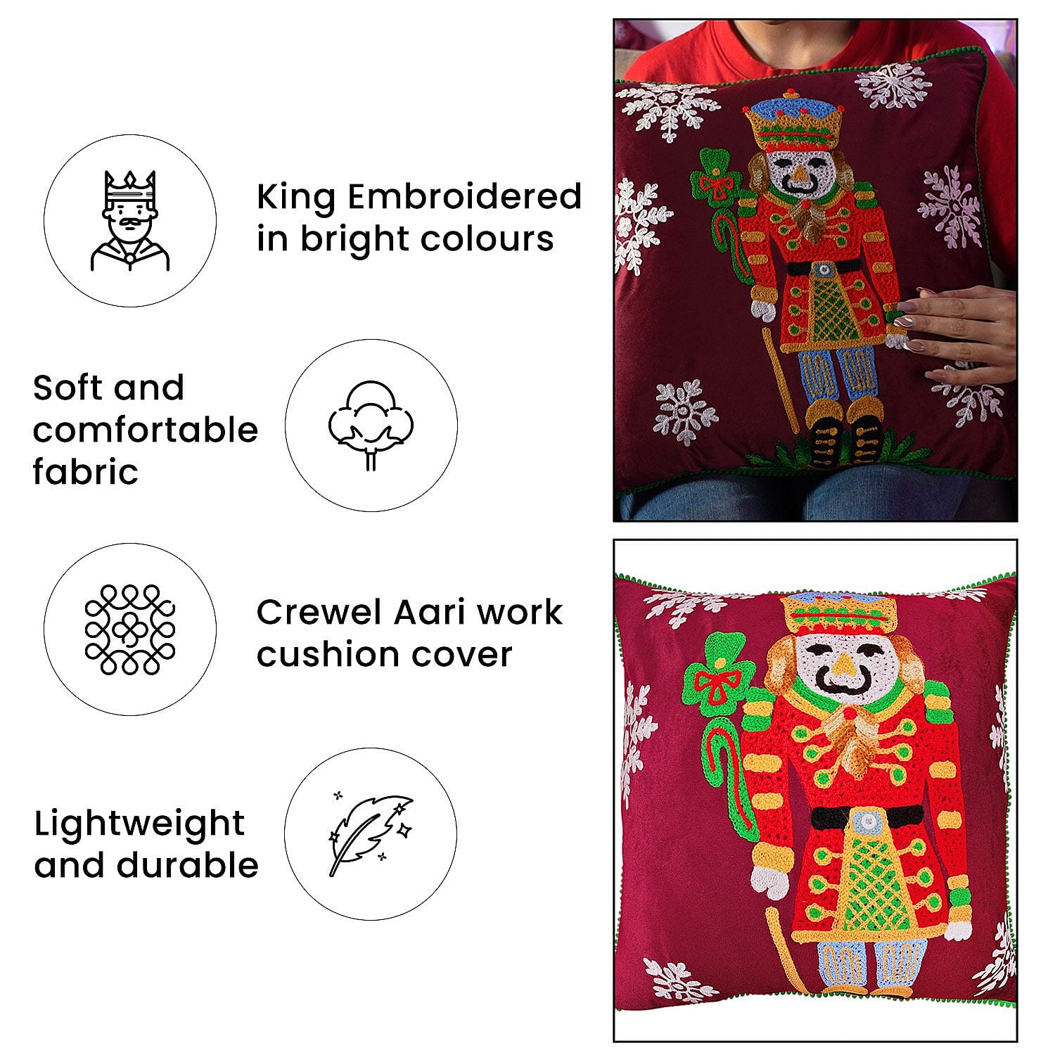 Cotton Christmas King Size Embroidered Cushion Cover (Size 45 Cm) - Red Wine