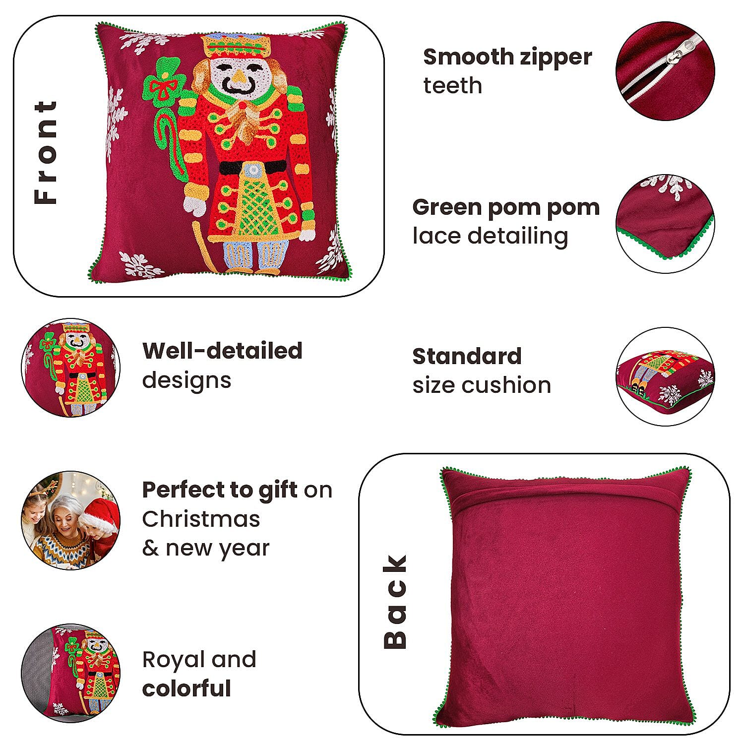Cotton Christmas King Size Embroidered Cushion Cover (Size 45 Cm) - Red Wine
