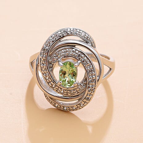 Tsavorite Garnet and Natural Zircon Spiral Halo Ring in Platinum Overlay Sterling Silver 1.10 Ct.
