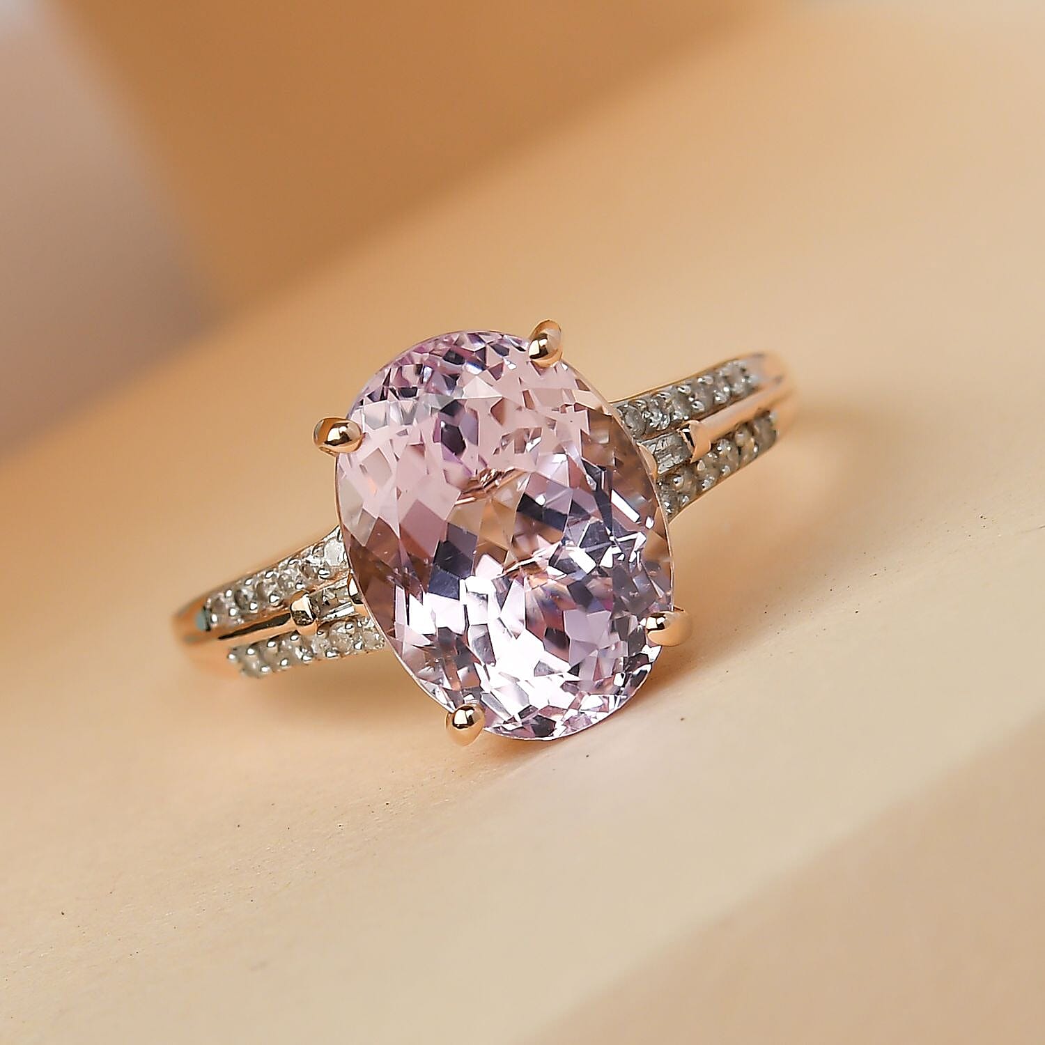 9K Rose Gold Kunzite and Diamond Ring 5.35 Ct.