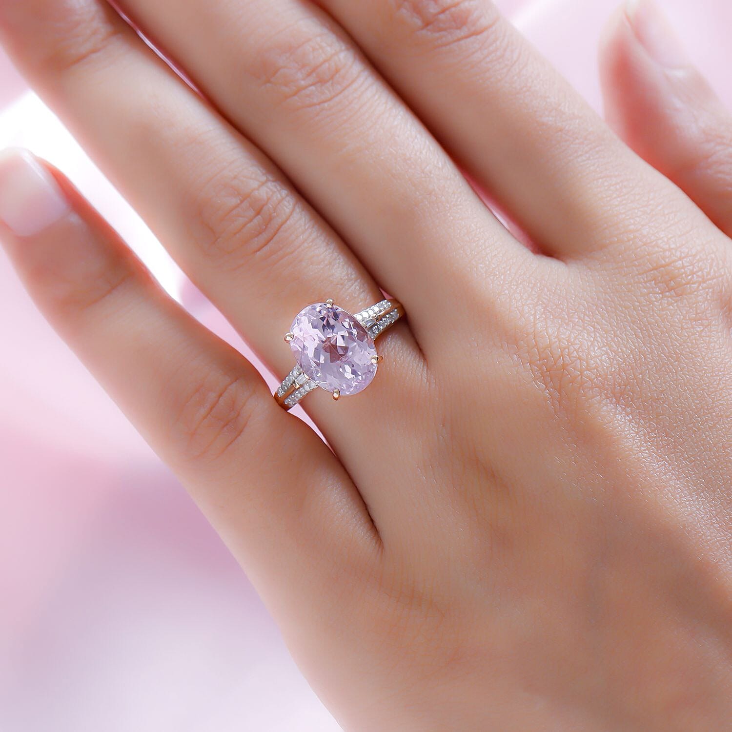 9K Rose Gold Kunzite and Diamond Ring 5.35 Ct.