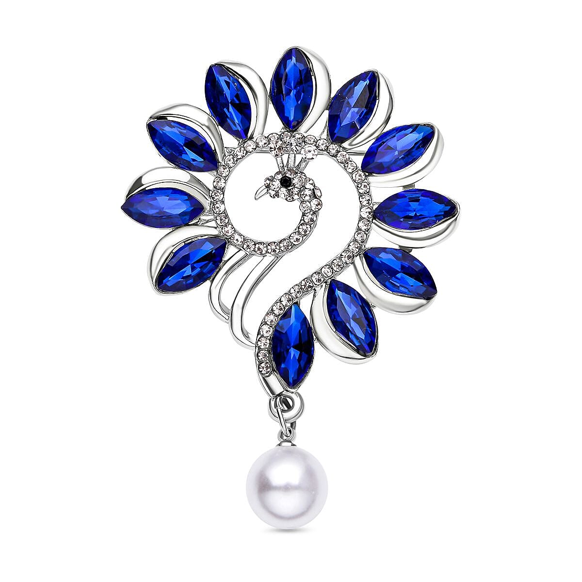Simulated Tanzanite, Simulated Pearl, White and Black Austrian Crystal Brooch in Silver Tone