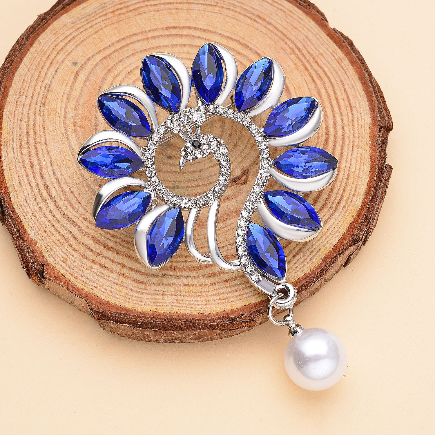 Simulated Tanzanite, Simulated Pearl, White and Black Austrian Crystal Brooch in Silver Tone