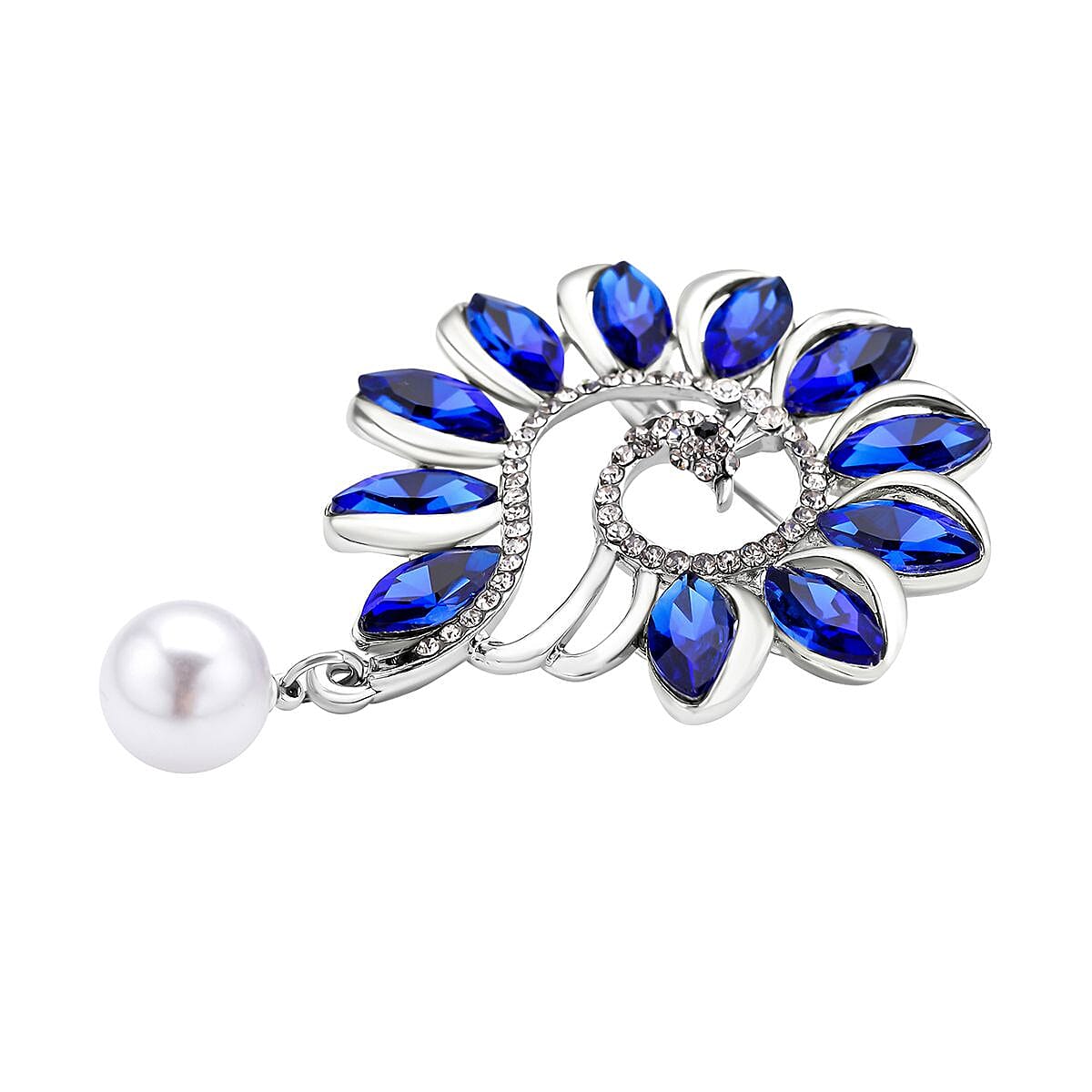 Simulated Tanzanite, Simulated Pearl, White and Black Austrian Crystal Brooch in Silver Tone