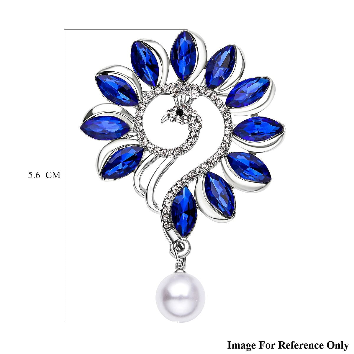Simulated Tanzanite, Simulated Pearl, White and Black Austrian Crystal Brooch in Silver Tone