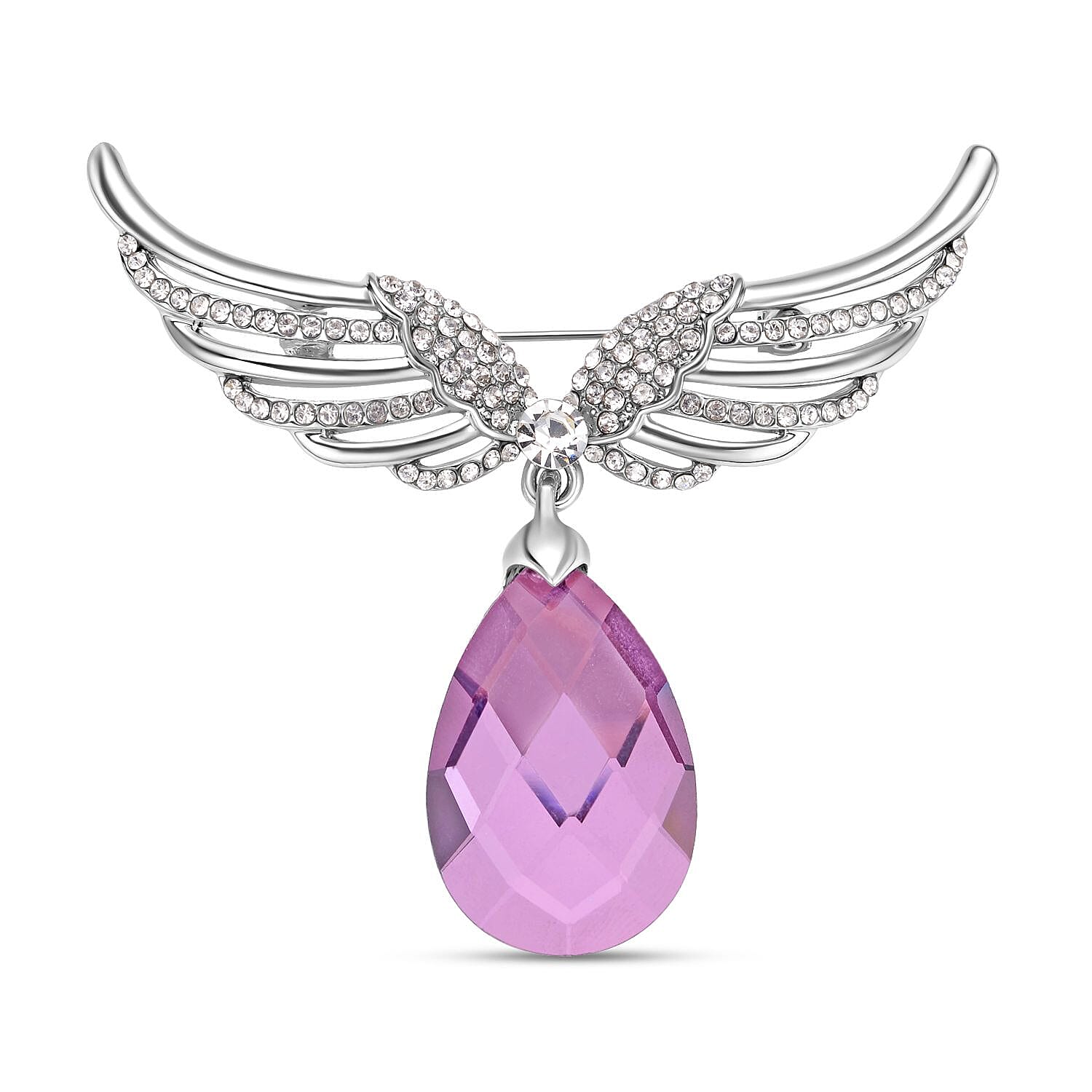 Simulated Amethyst and White Austrian Crystal Wing Brooch in Silver Tone
