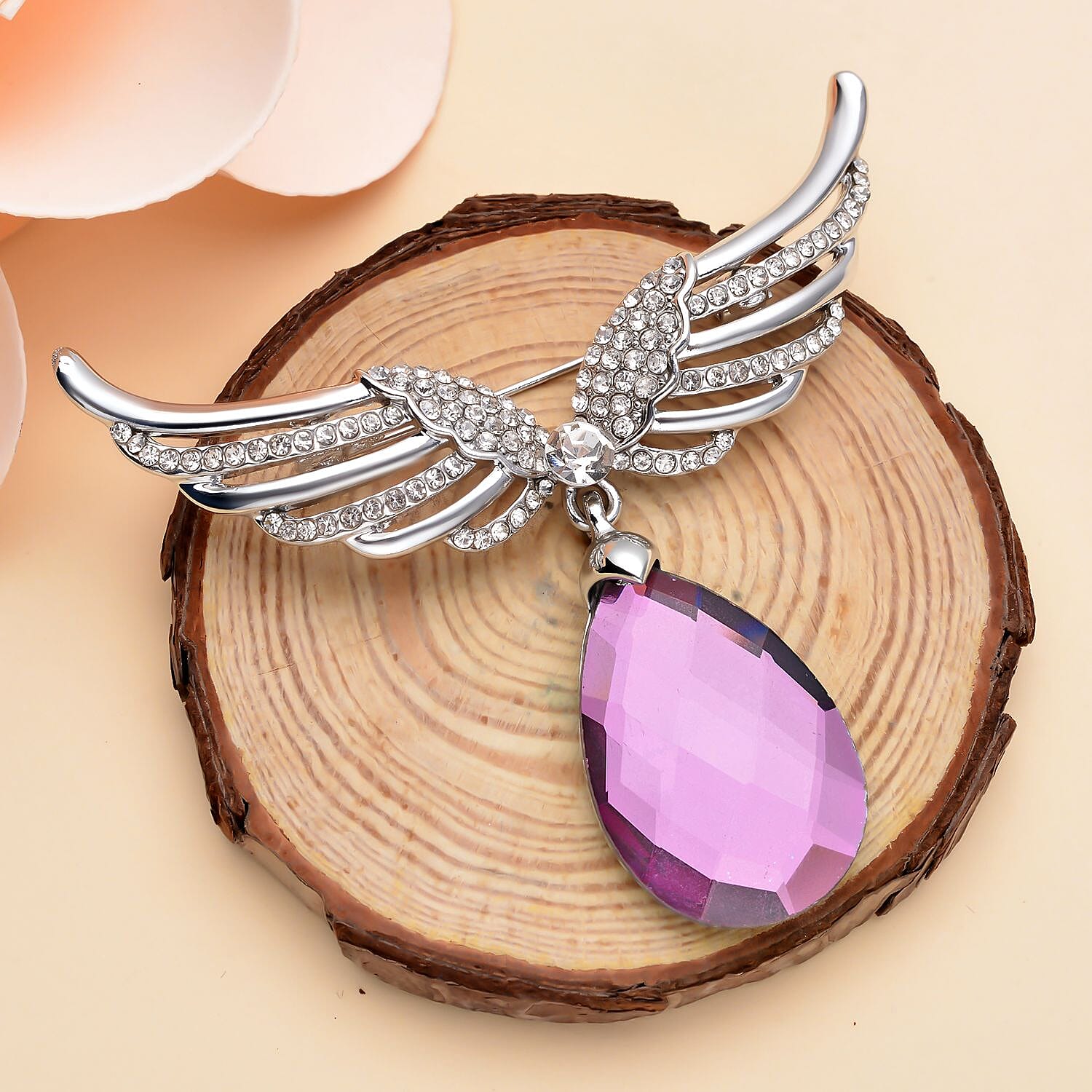 Simulated Amethyst and White Austrian Crystal Wing Brooch in Silver Tone