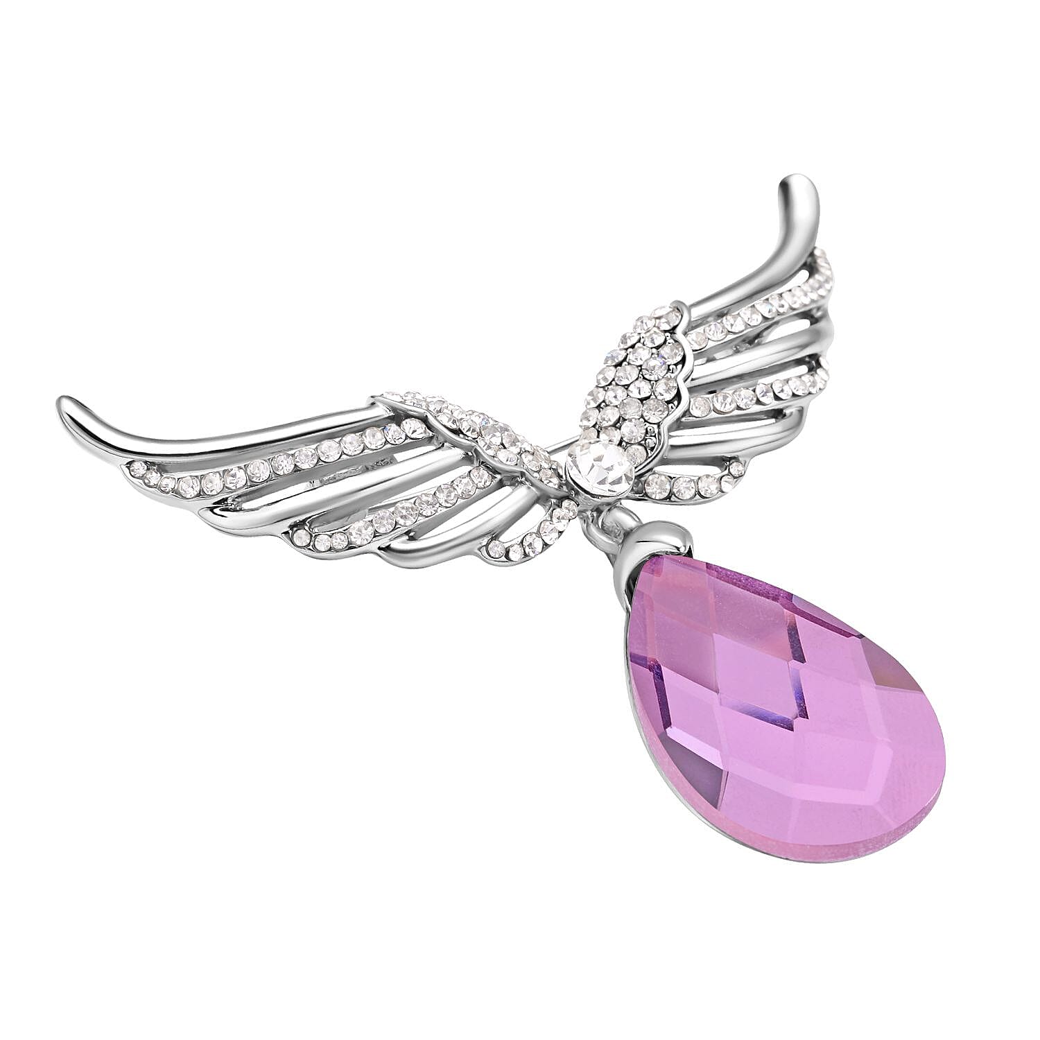 Simulated Amethyst and White Austrian Crystal Wing Brooch in Silver Tone