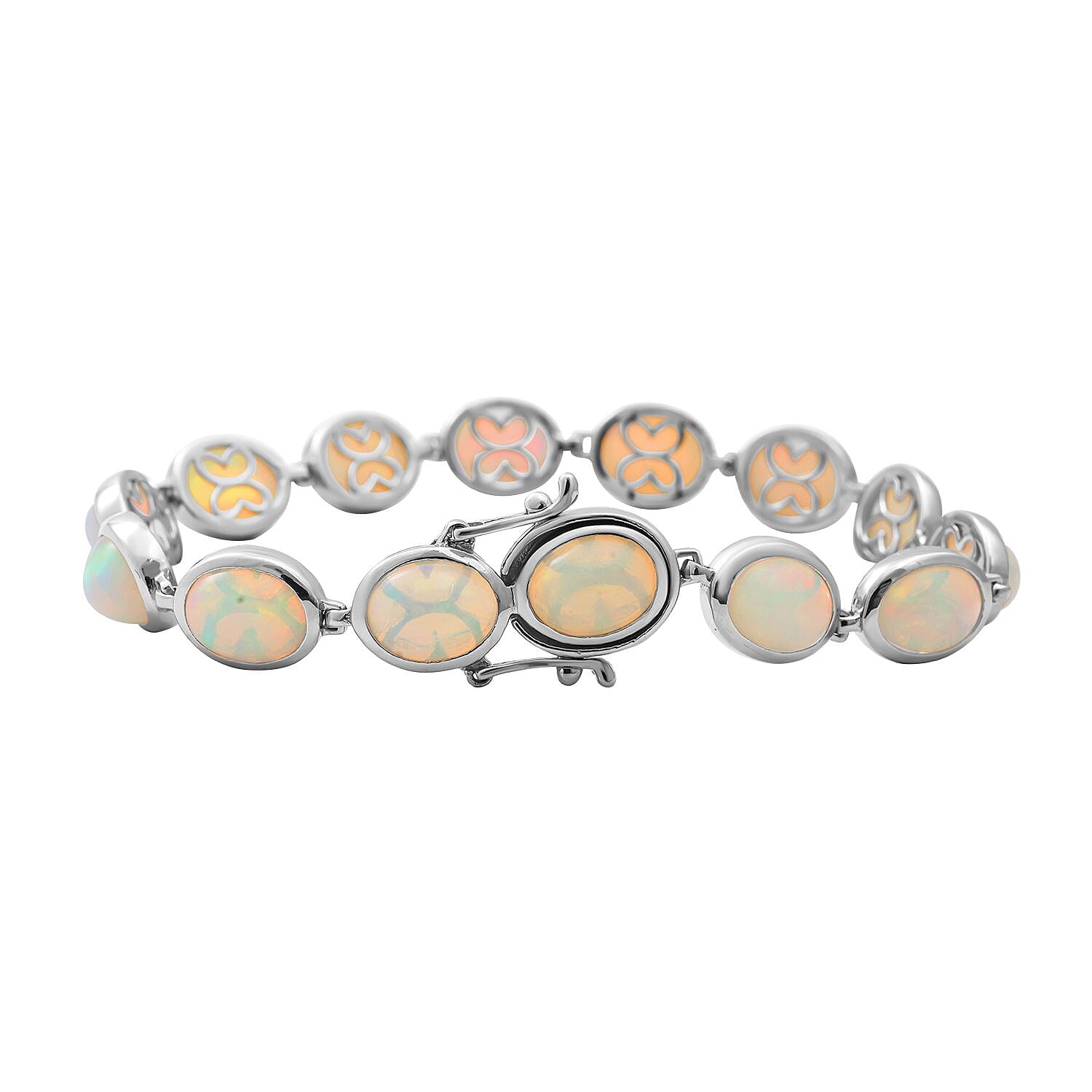Ethiopian Welo Opal Link Bracelet (Size - 7.0) in Platinum Overlay Sterling Silver 16.38 Ct, Silver Wt. 11.70 Gms