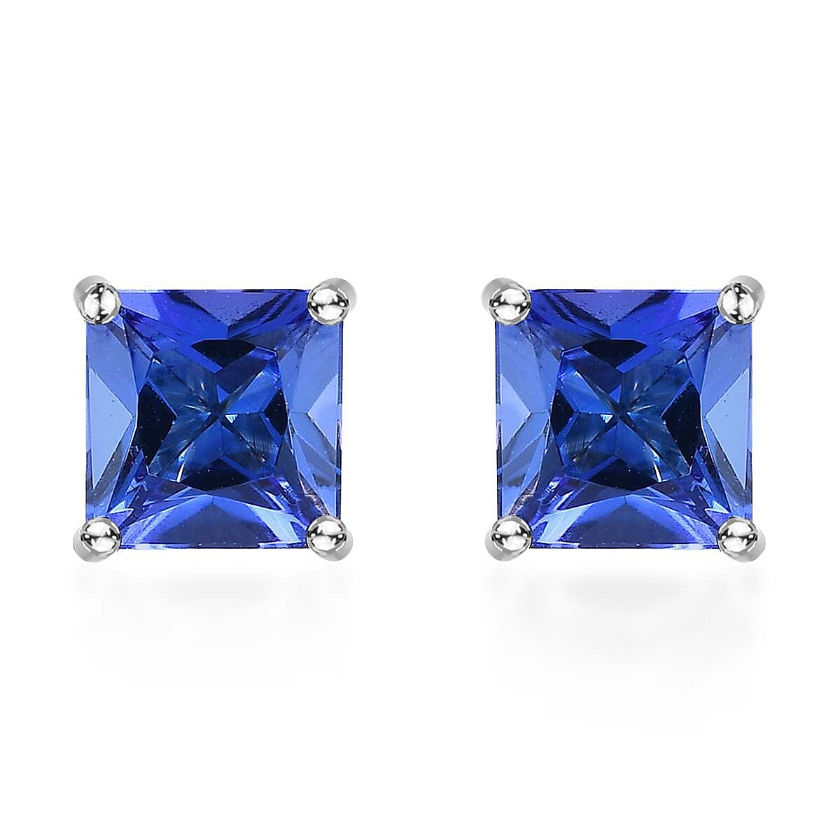 RHAPSODY 950 Platinum AAAA Tanzanite Princess Cut Solitaire Earrings with Screw Back 2.92 Ct.