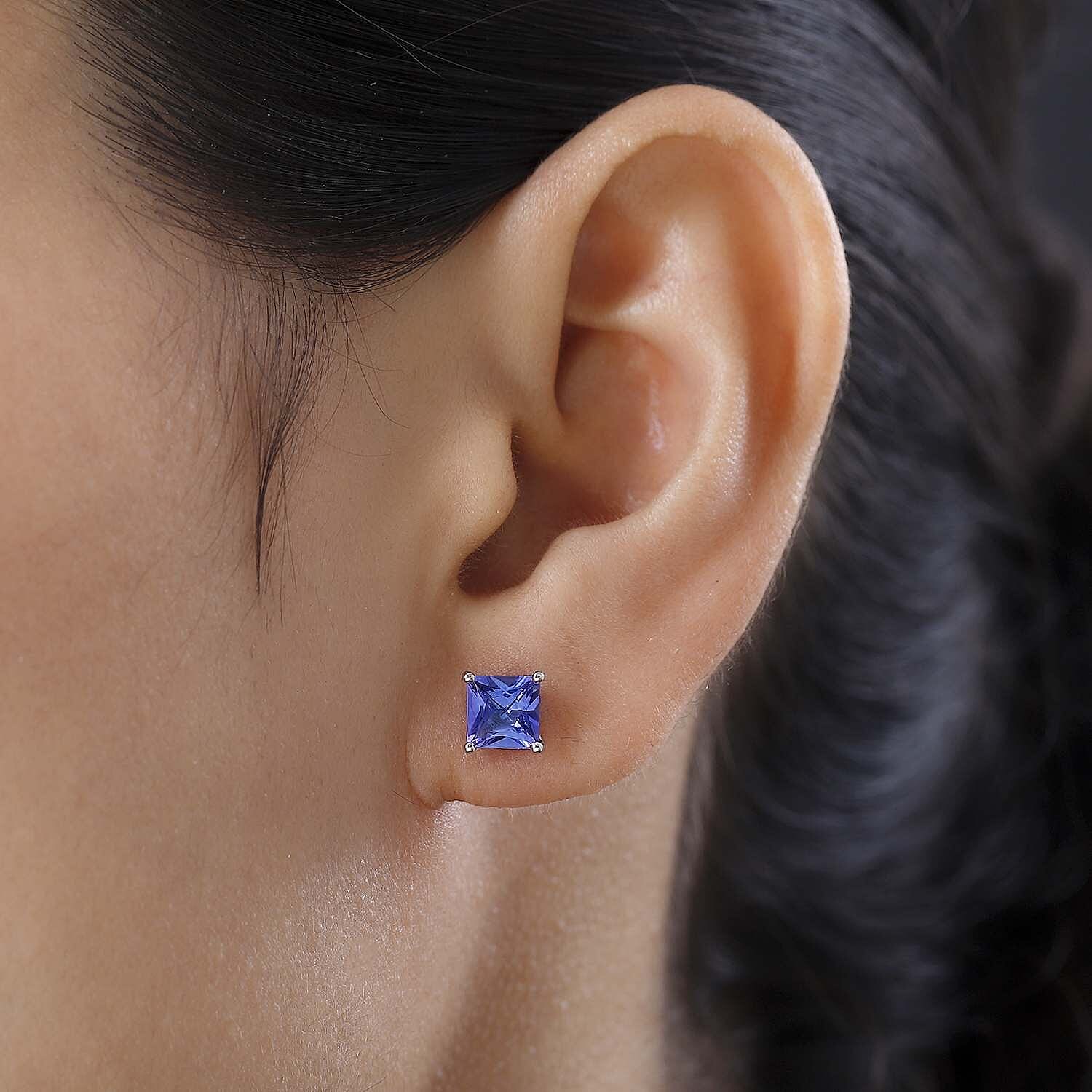 RHAPSODY 950 Platinum AAAA Tanzanite Princess Cut Solitaire Earrings with Screw Back 2.92 Ct.