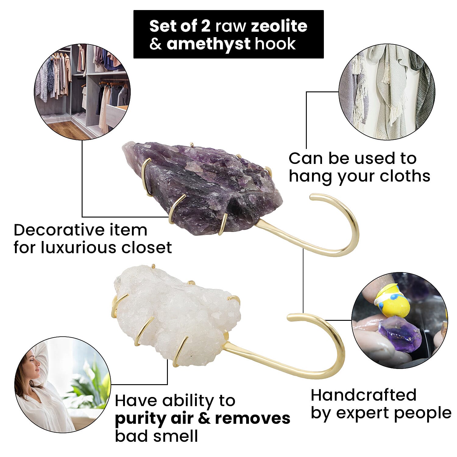 Set of 2 - Decorative Raw Zeolite and Amethyst Hooks