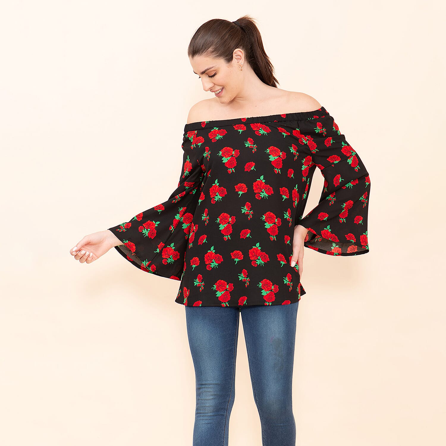 TAMSY Rose Pattern Off Shoulder Top (Size L) - Black