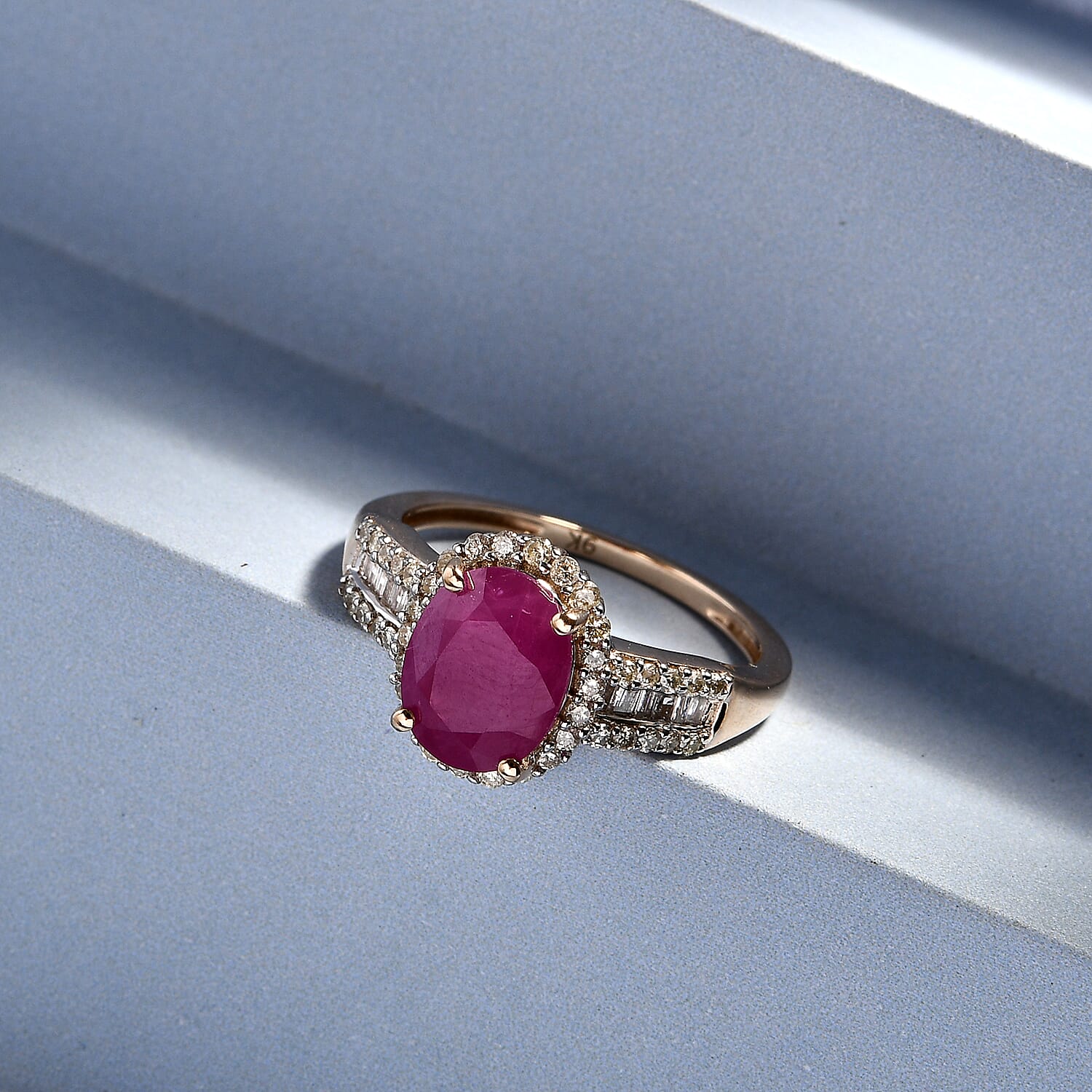 9K Yellow Gold Ruby and Diamond Halo Ring 2.32 Ct.