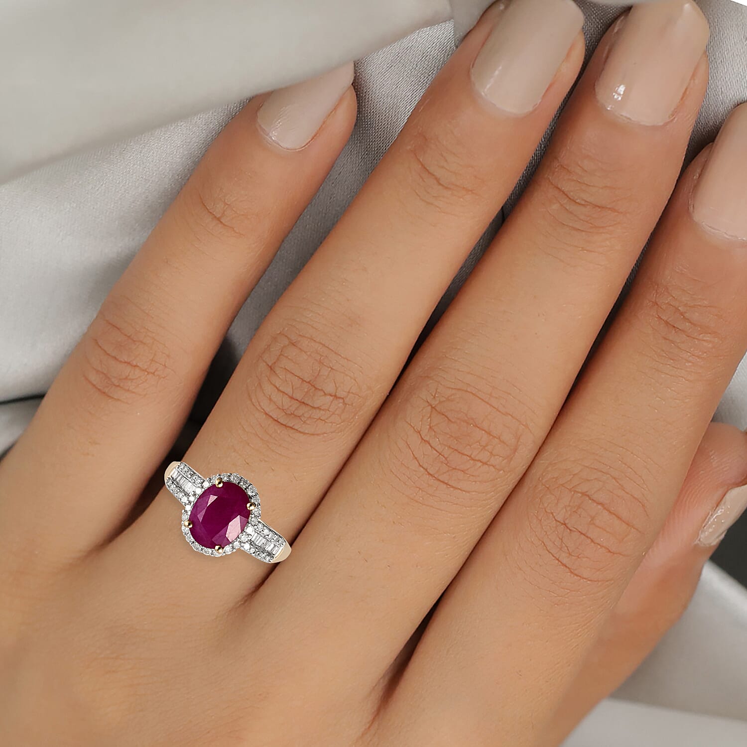 9K Yellow Gold Ruby and Diamond Halo Ring 2.32 Ct.