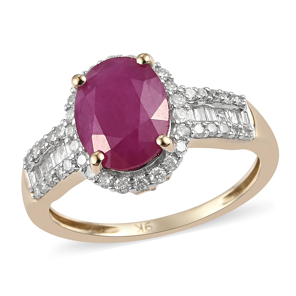 9K Yellow Gold Ruby and Diamond Halo Ring 2.32 Ct.