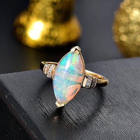 Ethiopian Opal & White Diamond Halo Ring in 18K Vermeil Yellow Gold Plated Sterling Silver 3.08 Ct.