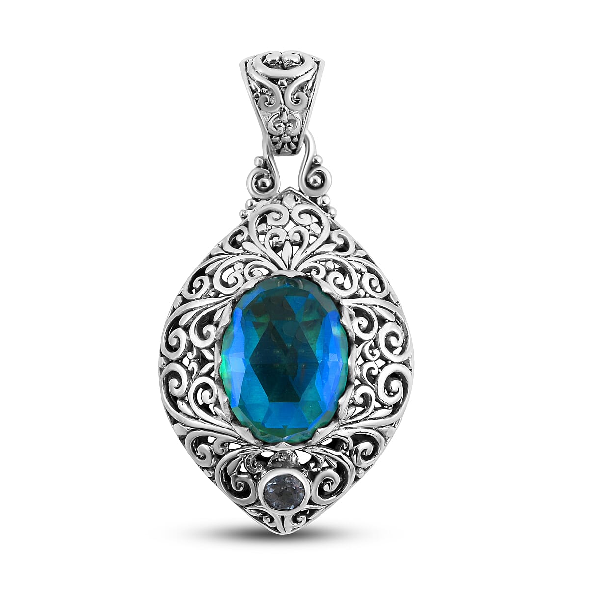 Peacock Triplet Quartz & Skyblue Topaz Pendant in Sterling Silver 10.42 Ct, Silver Wt. 8.76 Gms