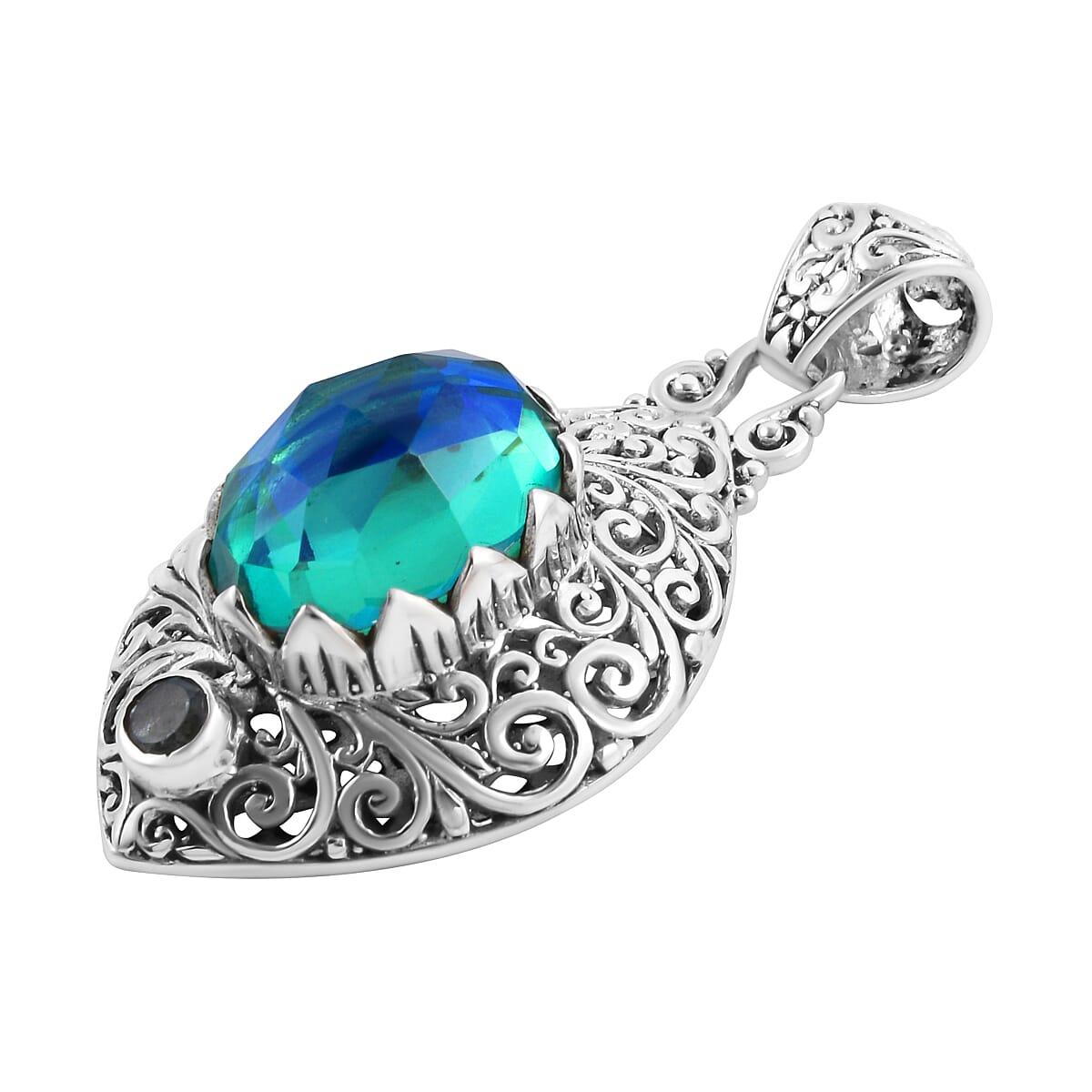 Peacock Triplet Quartz & Skyblue Topaz Pendant in Sterling Silver 10.42 Ct, Silver Wt. 8.76 Gms