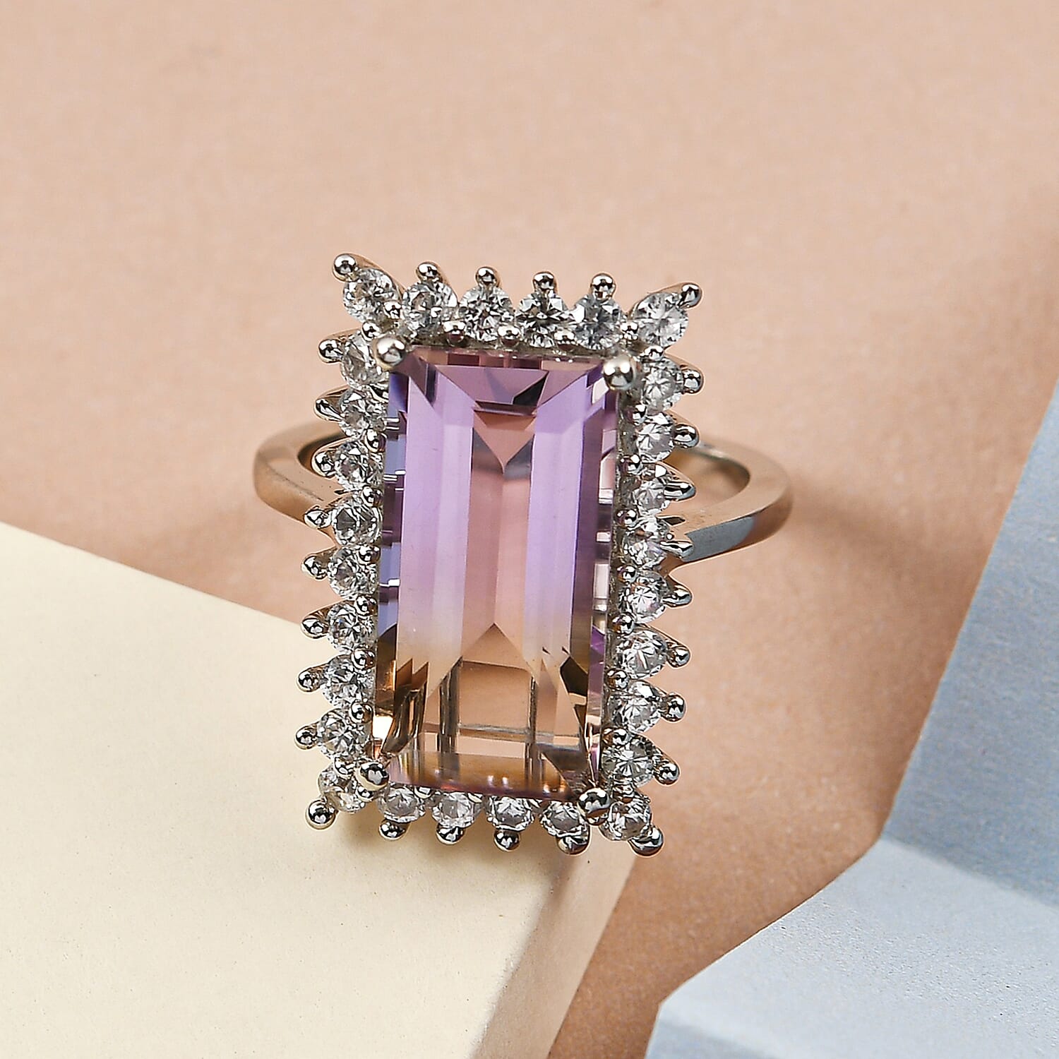 Anahi Ametrine and Natural Zircon Halo Ring in Platinum Overlay Sterling Silver 7.12 Ct.