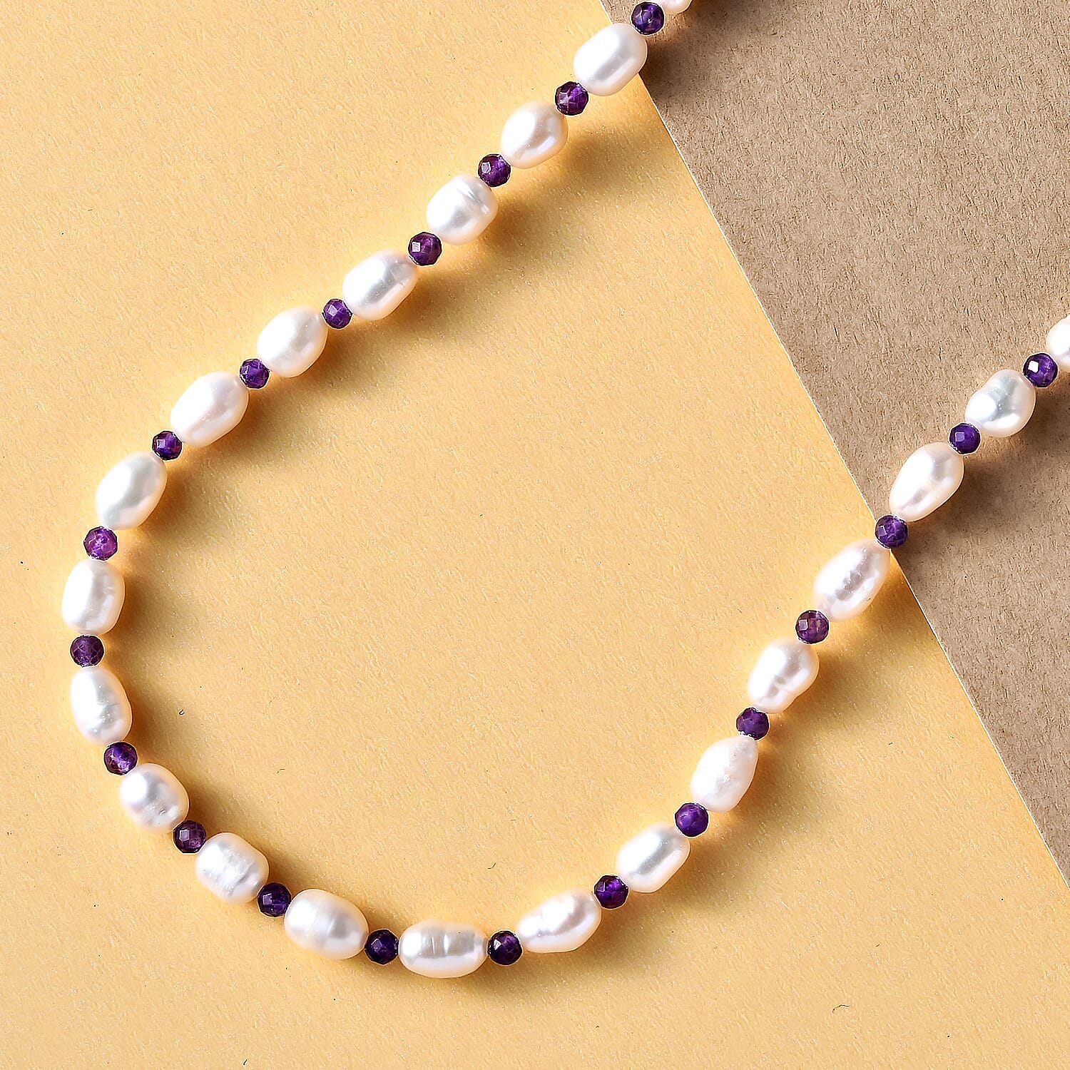 Freshwater Pearl, Amethyst Beads Necklace (Size - 18) with Spring Ring Clasp in Sterling Silver