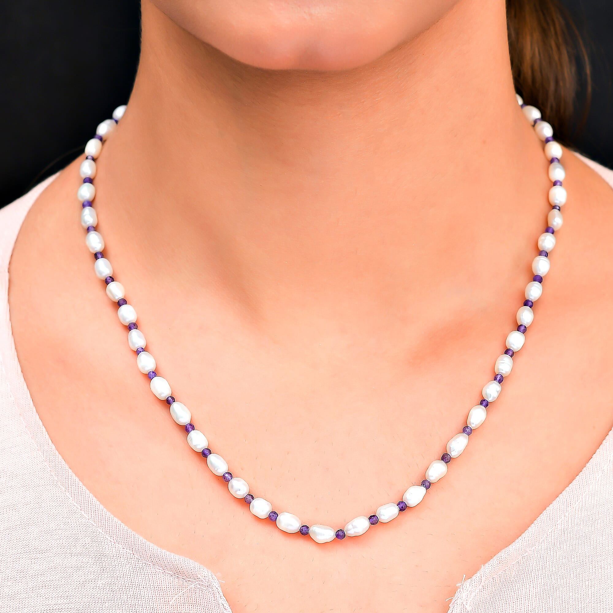 Freshwater Pearl, Amethyst Beads Necklace (Size - 18) with Spring Ring Clasp in Sterling Silver