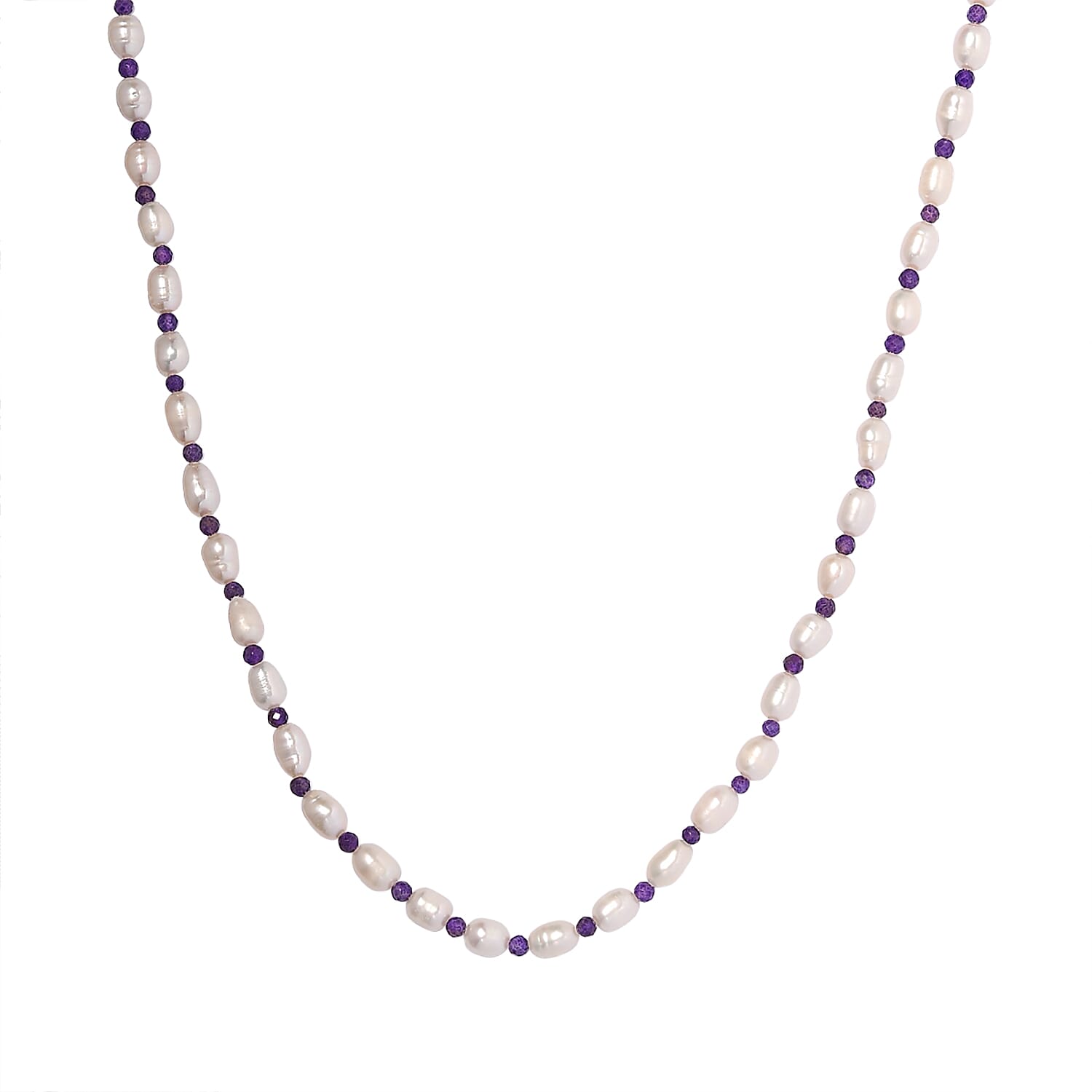 Freshwater Pearl, Amethyst Beads Necklace (Size - 18) with Spring Ring Clasp in Sterling Silver