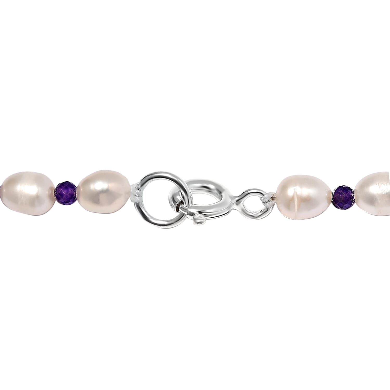 Freshwater Pearl, Amethyst Beads Necklace (Size - 18) with Spring Ring Clasp in Sterling Silver