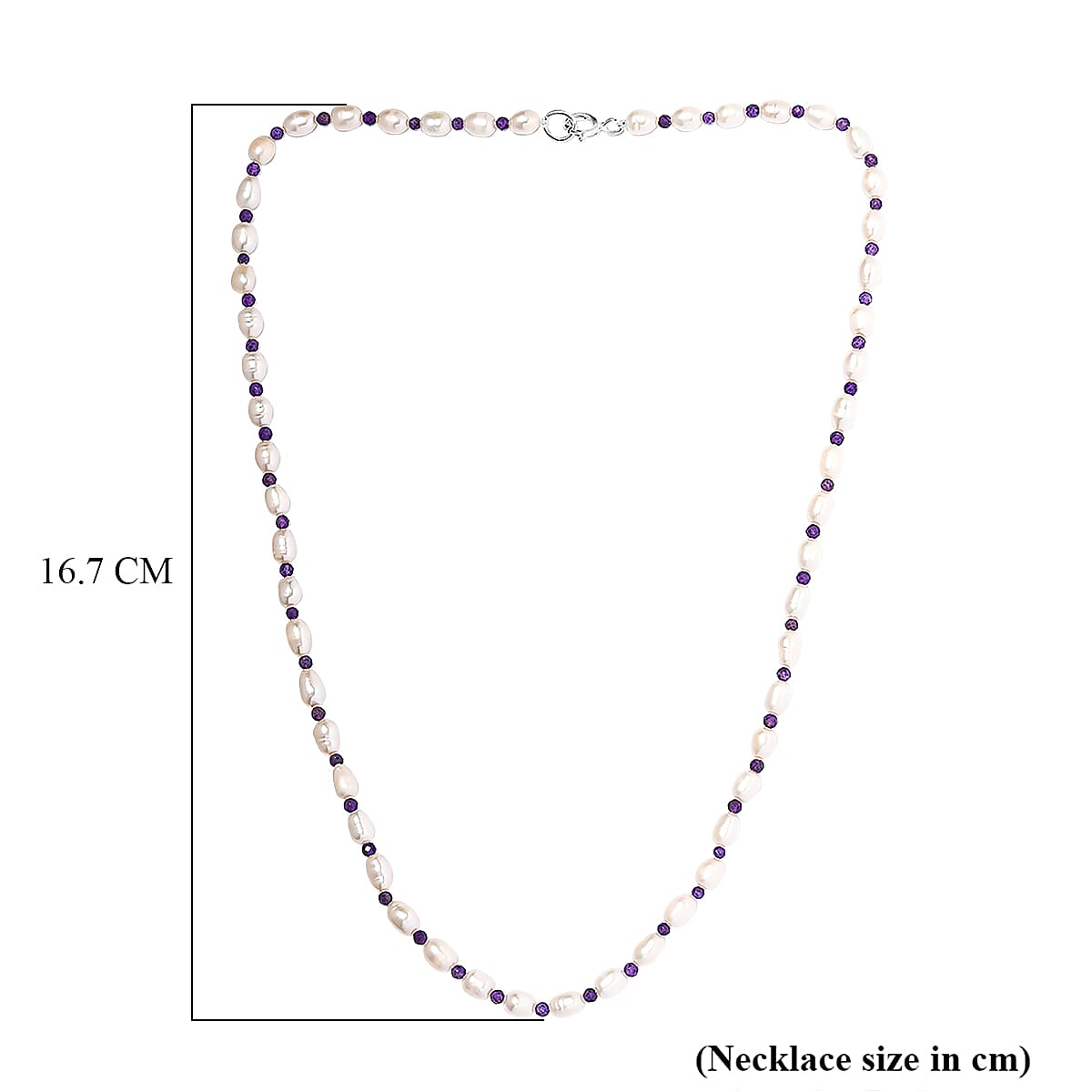 Freshwater Pearl, Amethyst Beads Necklace (Size - 18) with Spring Ring Clasp in Sterling Silver