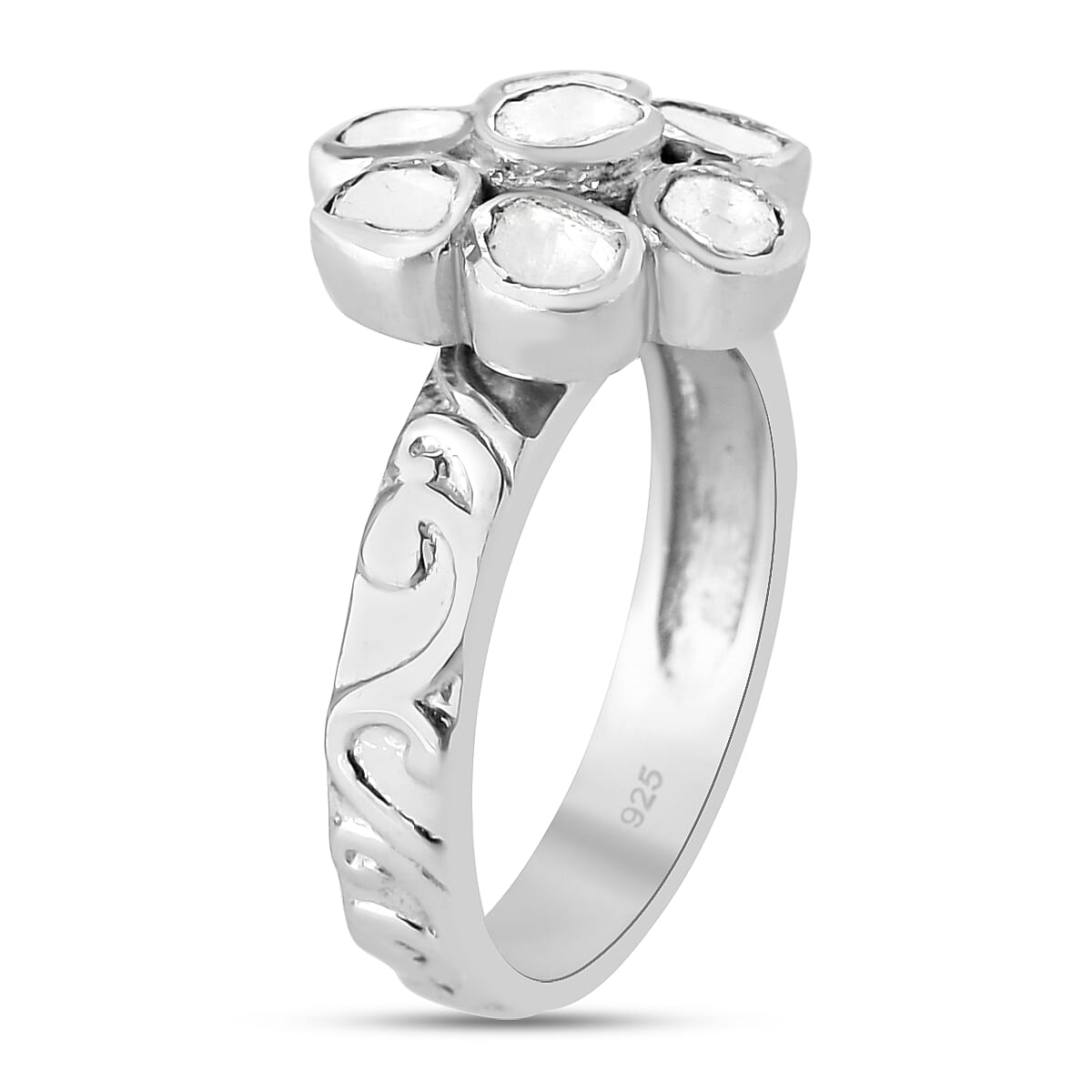 Polki Diamond Floral Ring in Platinum Overlay Sterling Silver 0.50 Ct.