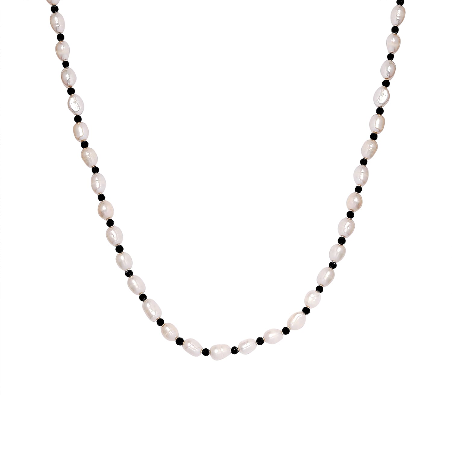 Freshwater Pearl, Black Spinel Beads Necklace (Size - 18) with Spring Ring Clasp in Sterling Silver