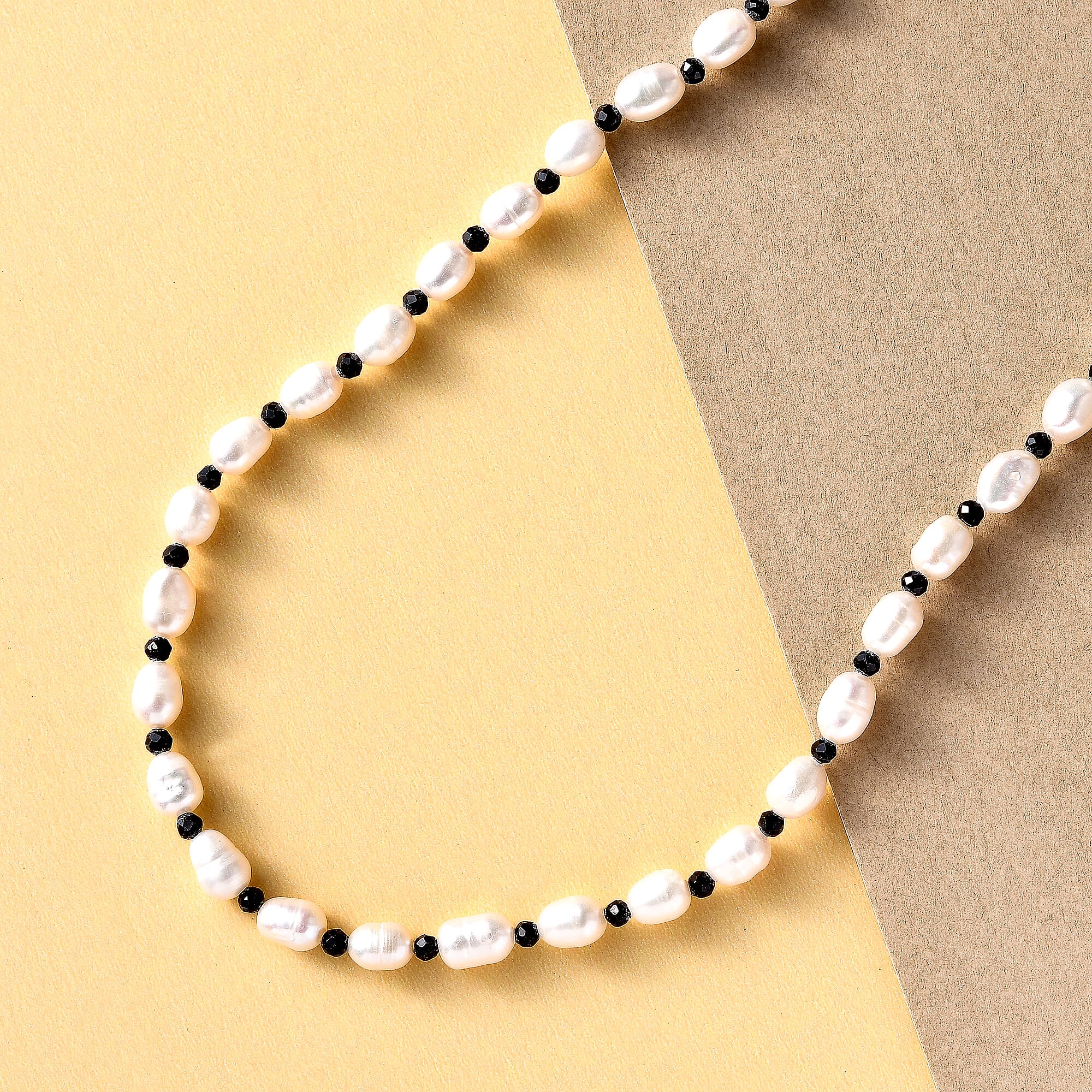 Freshwater Pearl, Black Spinel Beads Necklace (Size - 18) with Spring Ring Clasp in Sterling Silver