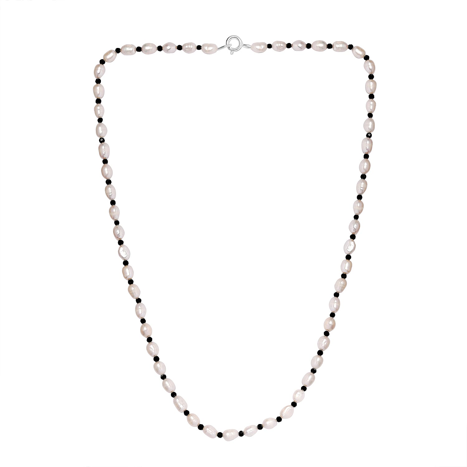 Freshwater Pearl, Black Spinel Beads Necklace (Size - 18) with Spring Ring Clasp in Sterling Silver
