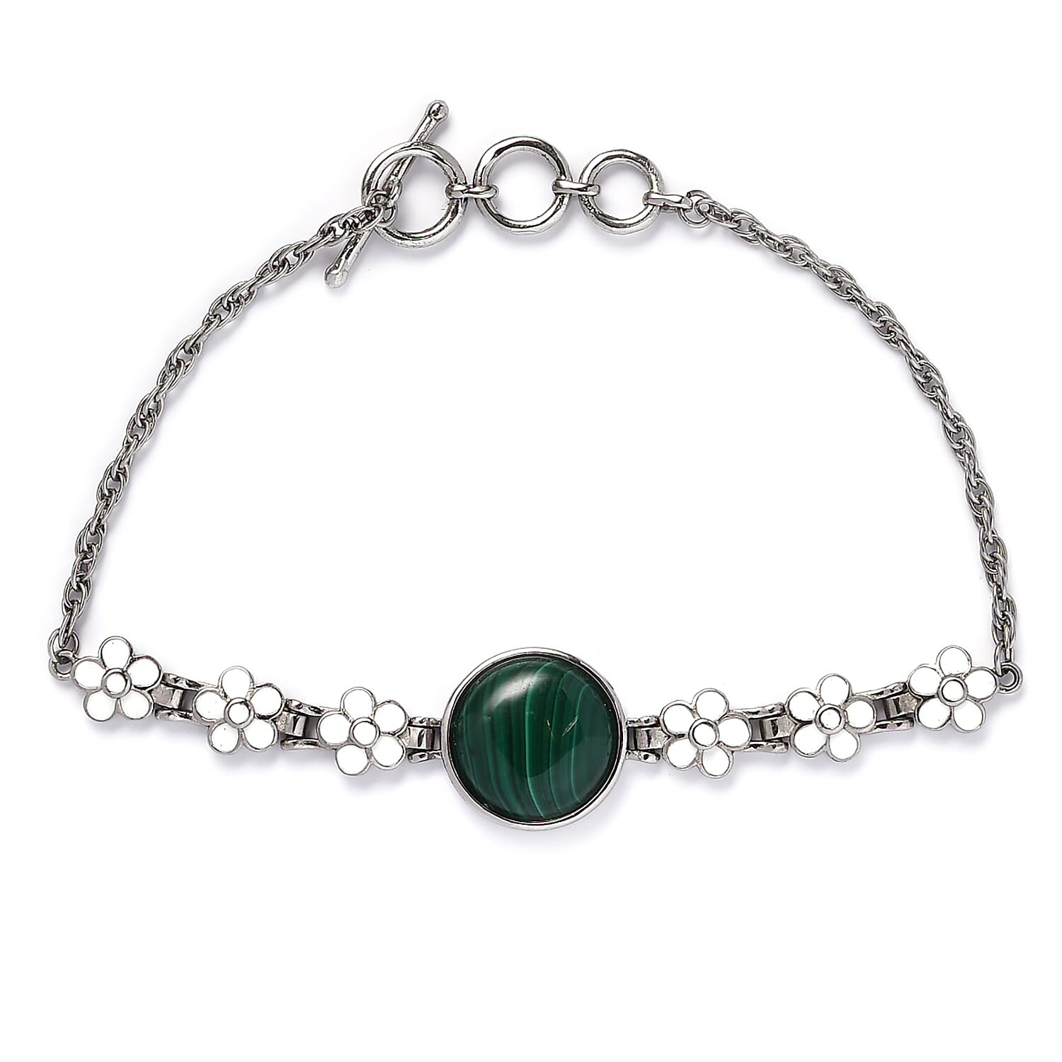 Malachite Enamelled Bracelet (Size - 7.5 with Extender) With T-Bar Clasp in Stainless Steel 11.62 Ct.