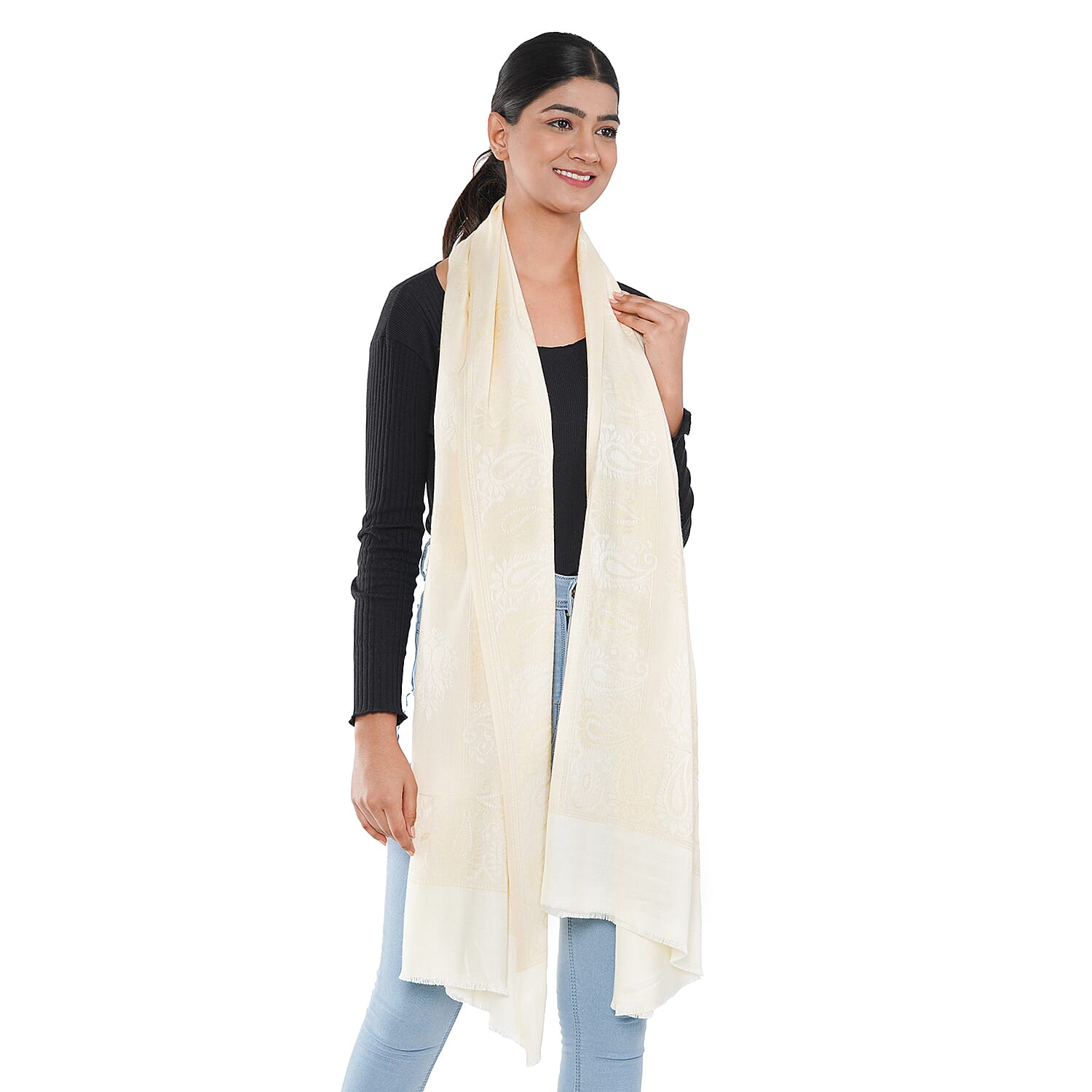 LA MAREY Viscose Yarn Dyed Jacquard Scarf - Beige