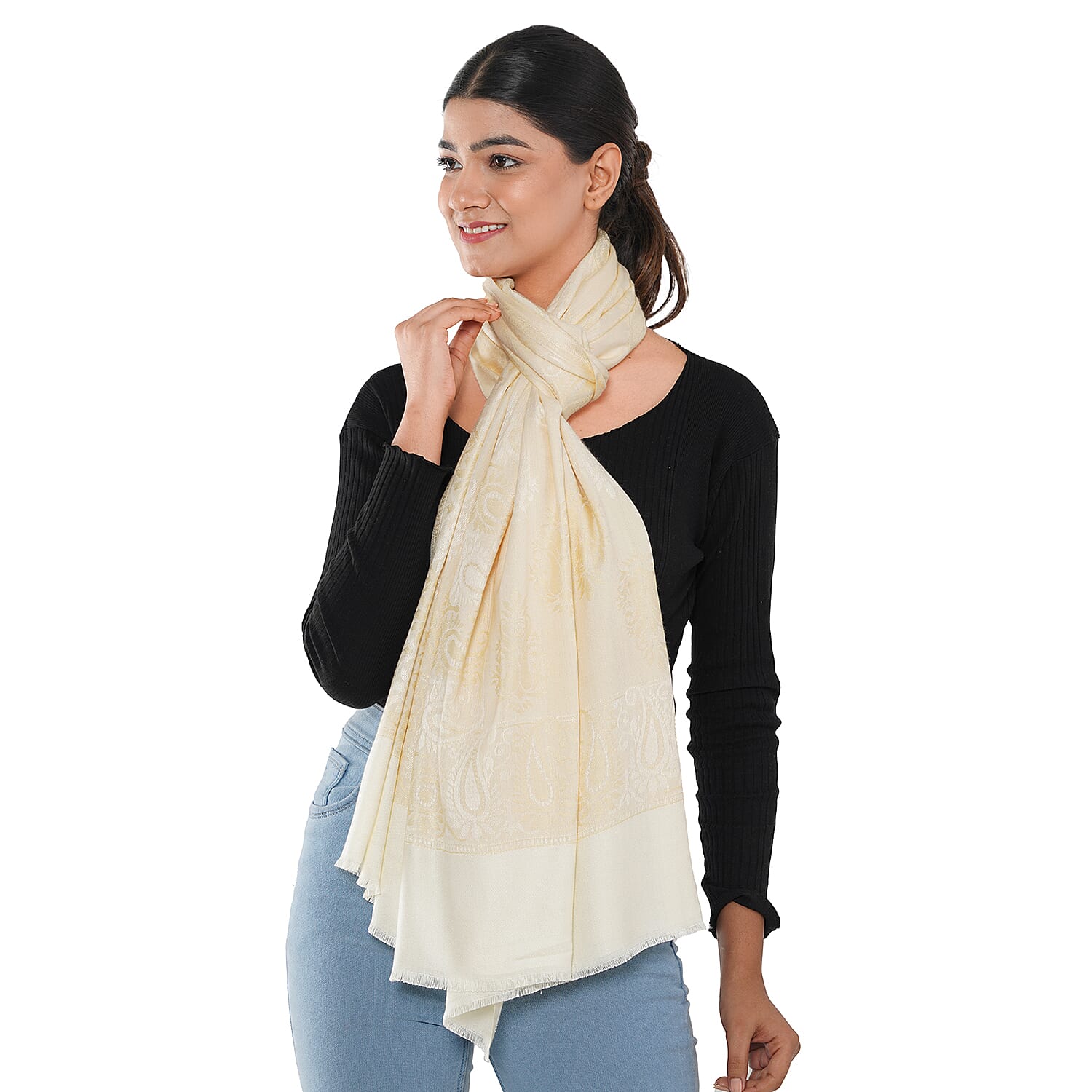 LA MAREY Viscose Yarn Dyed Jacquard Scarf - Beige