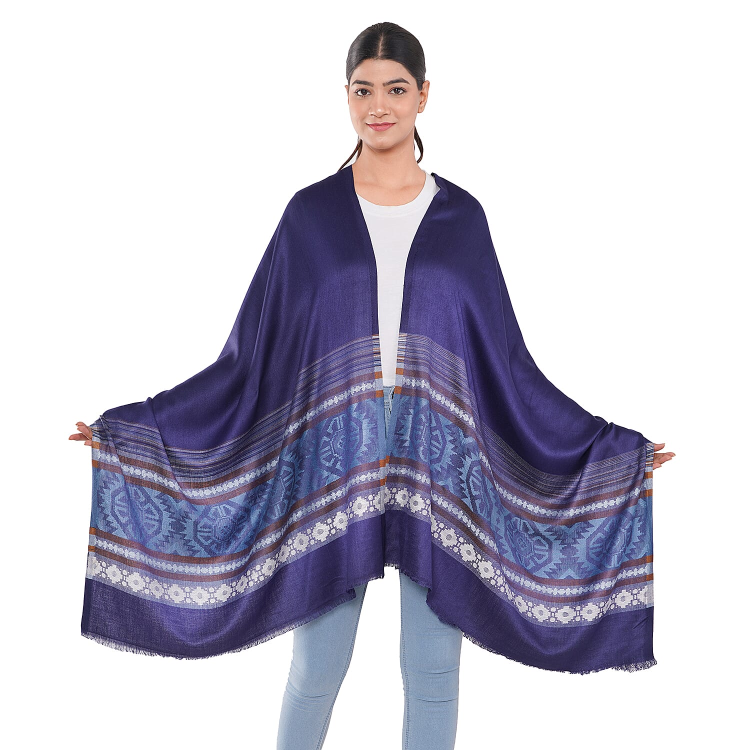 LA MAREY Geometric and Stripe Pattern Yarn Dyed Jacquard Scarf - Blue