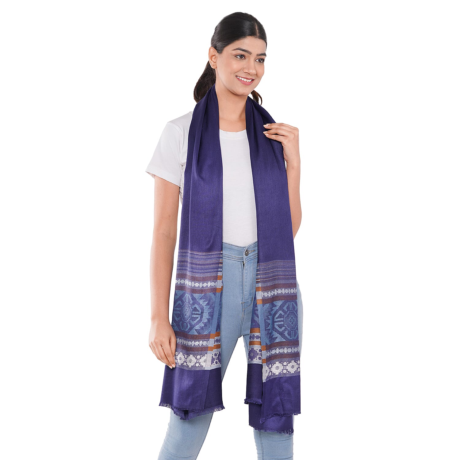 LA MAREY Geometric and Stripe Pattern Yarn Dyed Jacquard Scarf - Blue