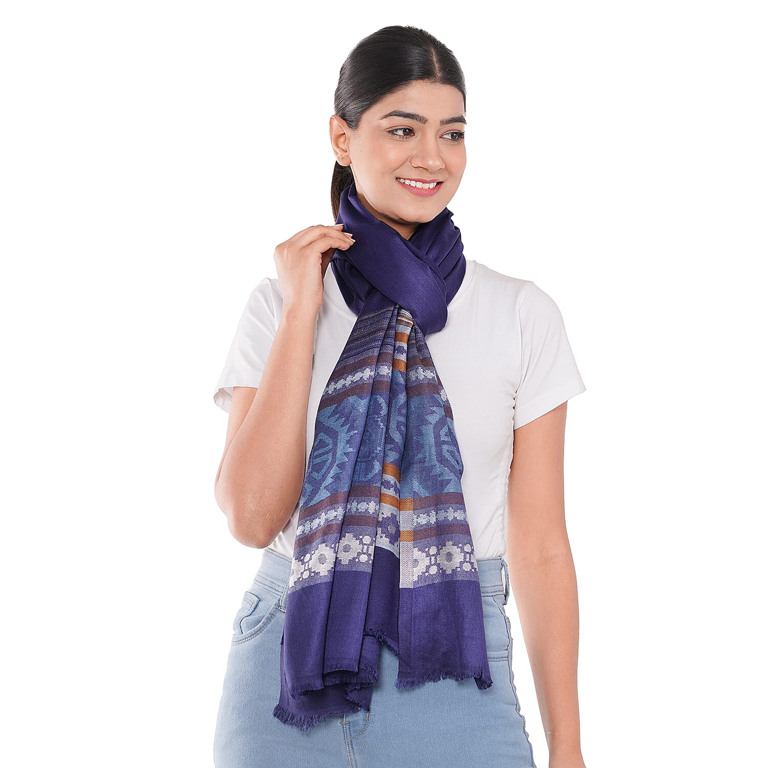 LA MAREY Geometric and Stripe Pattern Yarn Dyed Jacquard Scarf - Blue