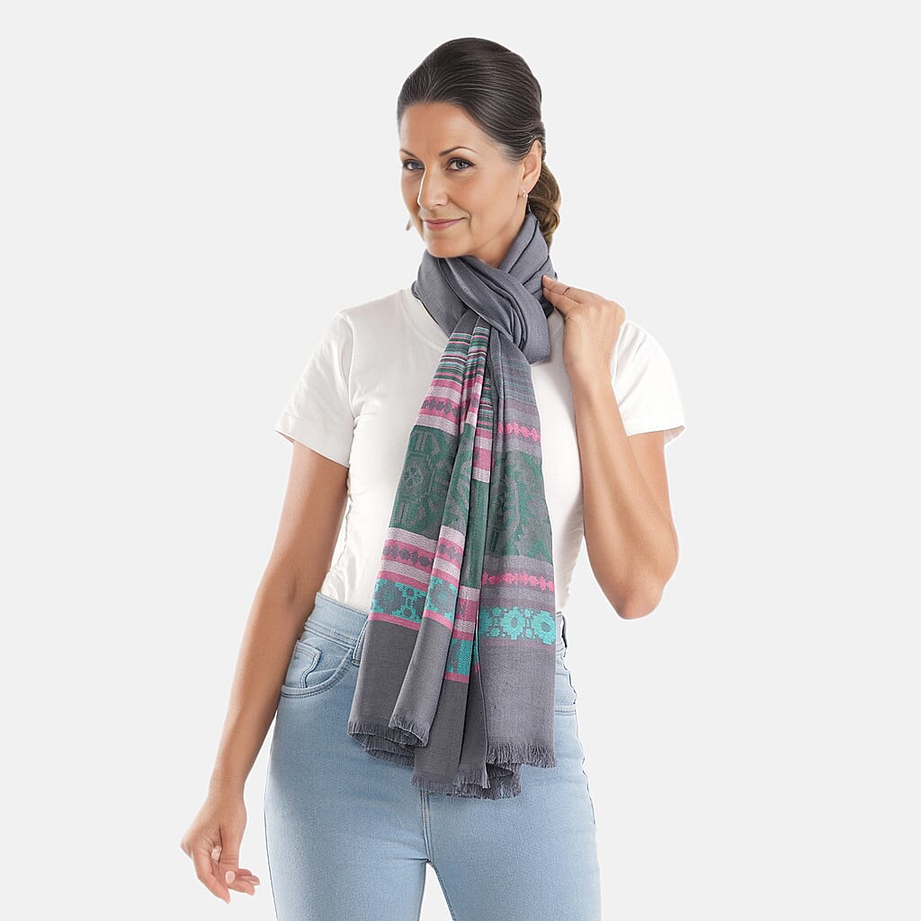 LA MAREY 100% Viscose Geometric - Stripe Pattern Yarn Dyed Jacquard Scarf (Size 180x70 Cm) - Dark Grey - Multi