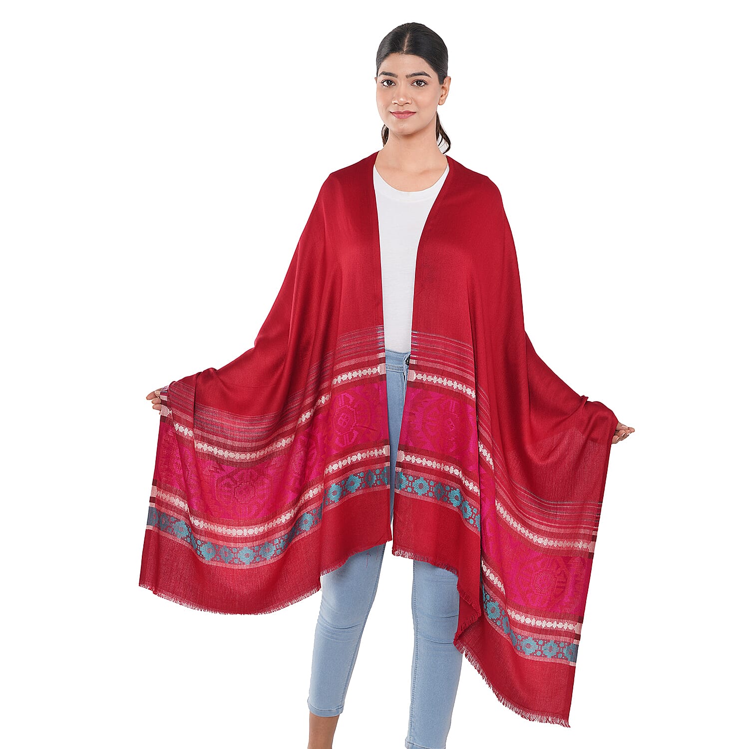 LA MAREY 100% Viscose Geometric - Stripe Pattern Yarn Dyed Jacquard Scarf (Size 180x70 Cm) - Red - Multi