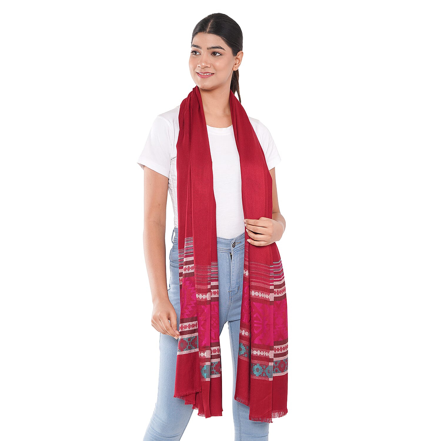 LA MAREY 100% Viscose Geometric - Stripe Pattern Yarn Dyed Jacquard Scarf (Size 180x70 Cm) - Red - Multi