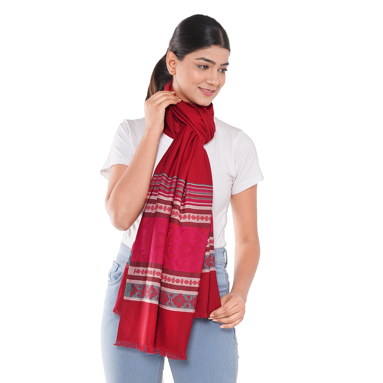 LA MAREY 100% Viscose Geometric - Stripe Pattern Yarn Dyed Jacquard Scarf (Size 180x70 Cm) - Red - Multi