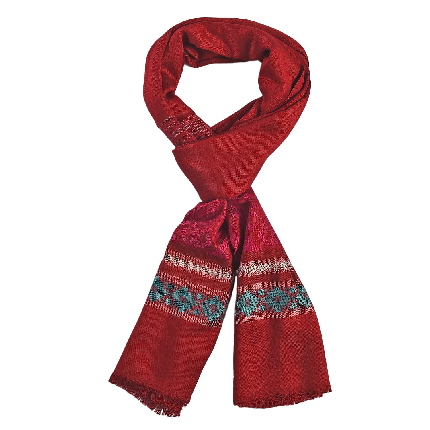 LA MAREY 100% Viscose Geometric - Stripe Pattern Yarn Dyed Jacquard Scarf (Size 180x70 Cm) - Red - Multi