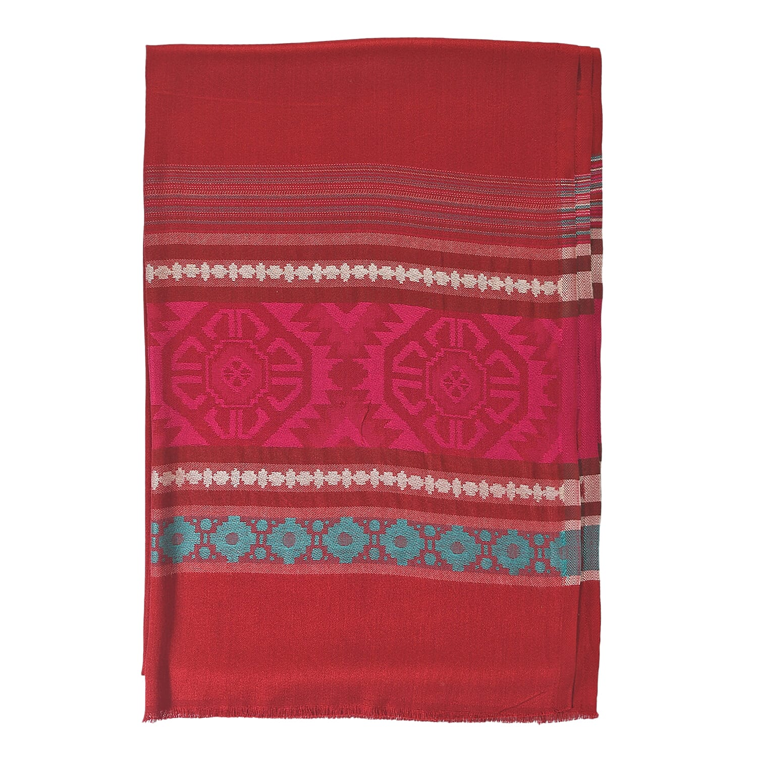 LA MAREY 100% Viscose Geometric - Stripe Pattern Yarn Dyed Jacquard Scarf (Size 180x70 Cm) - Red - Multi
