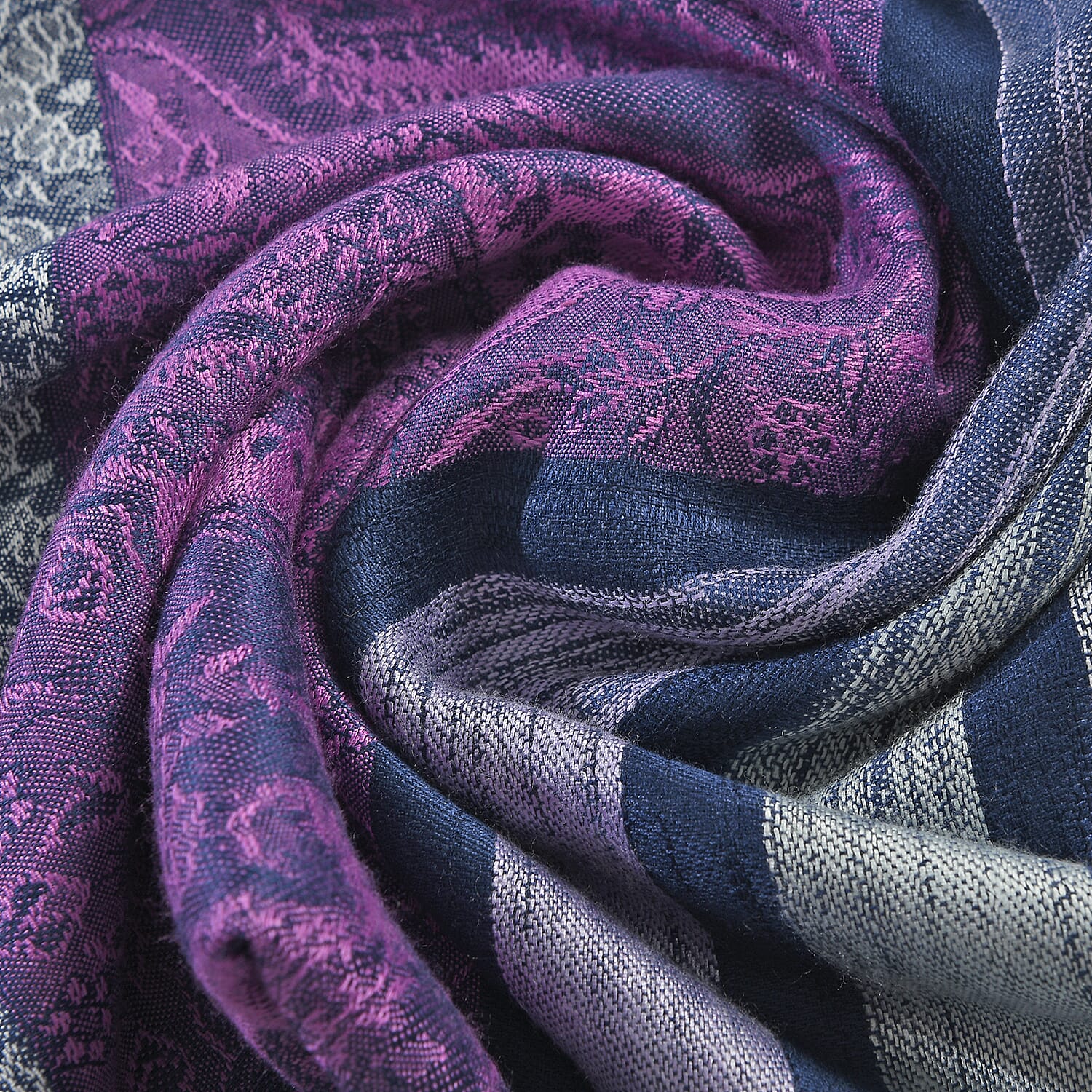 LA MAREY Viscose Floral & Stripe Yarn Dyed Jacquard Scarf - Purple, Navy Blue & Cream