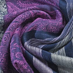 LA MAREY Viscose Floral & Stripe Yarn Dyed Jacquard Scarf - Purple, Navy Blue & Cream