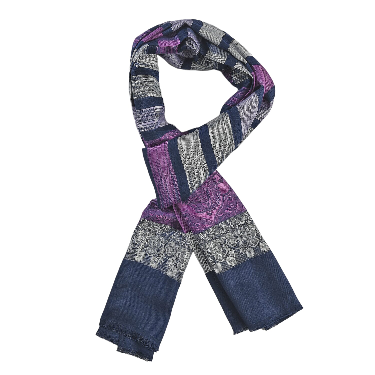 LA MAREY Viscose Floral & Stripe Yarn Dyed Jacquard Scarf - Purple, Navy Blue & Cream