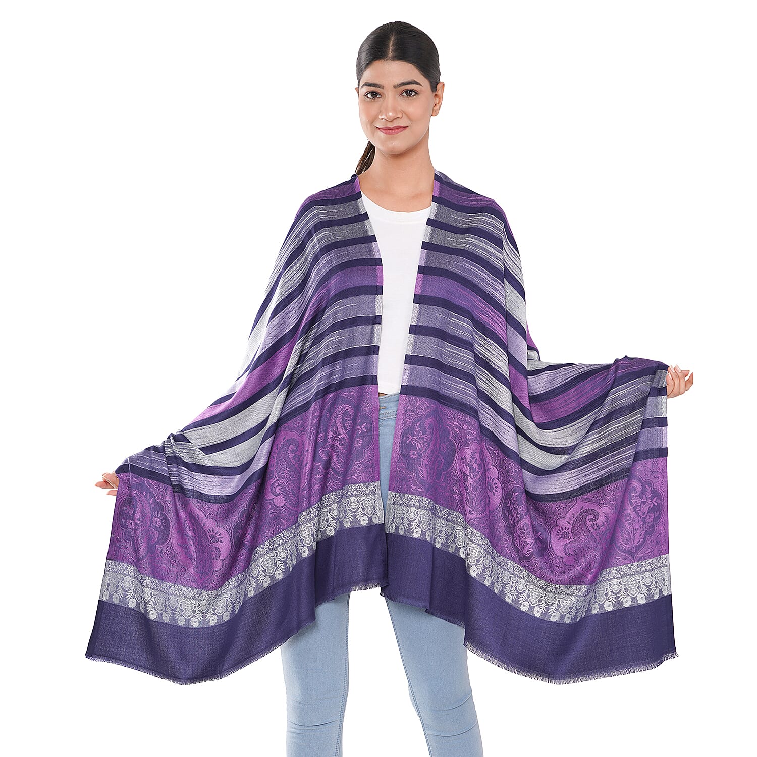 LA MAREY Viscose Floral & Stripe Yarn Dyed Jacquard Scarf - Purple, Navy Blue & Cream